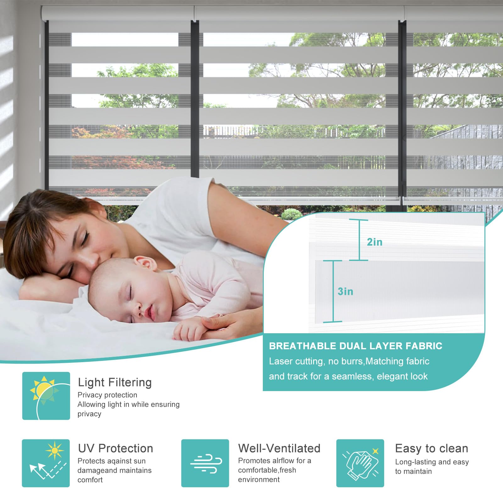 Changshade Tenda a rullo Zebra senza fili con mantovana, tenda a doppio strato per giorno e notte, trattamento per finestre con filtro della luce con rete e tessuto opaco, larghezza 94 cm, bianco
