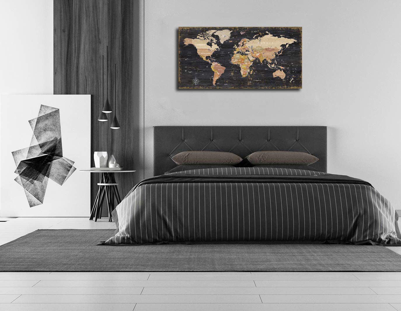 World Map Wall Art Black Wood Grain Retro Map of The World Nautical Map