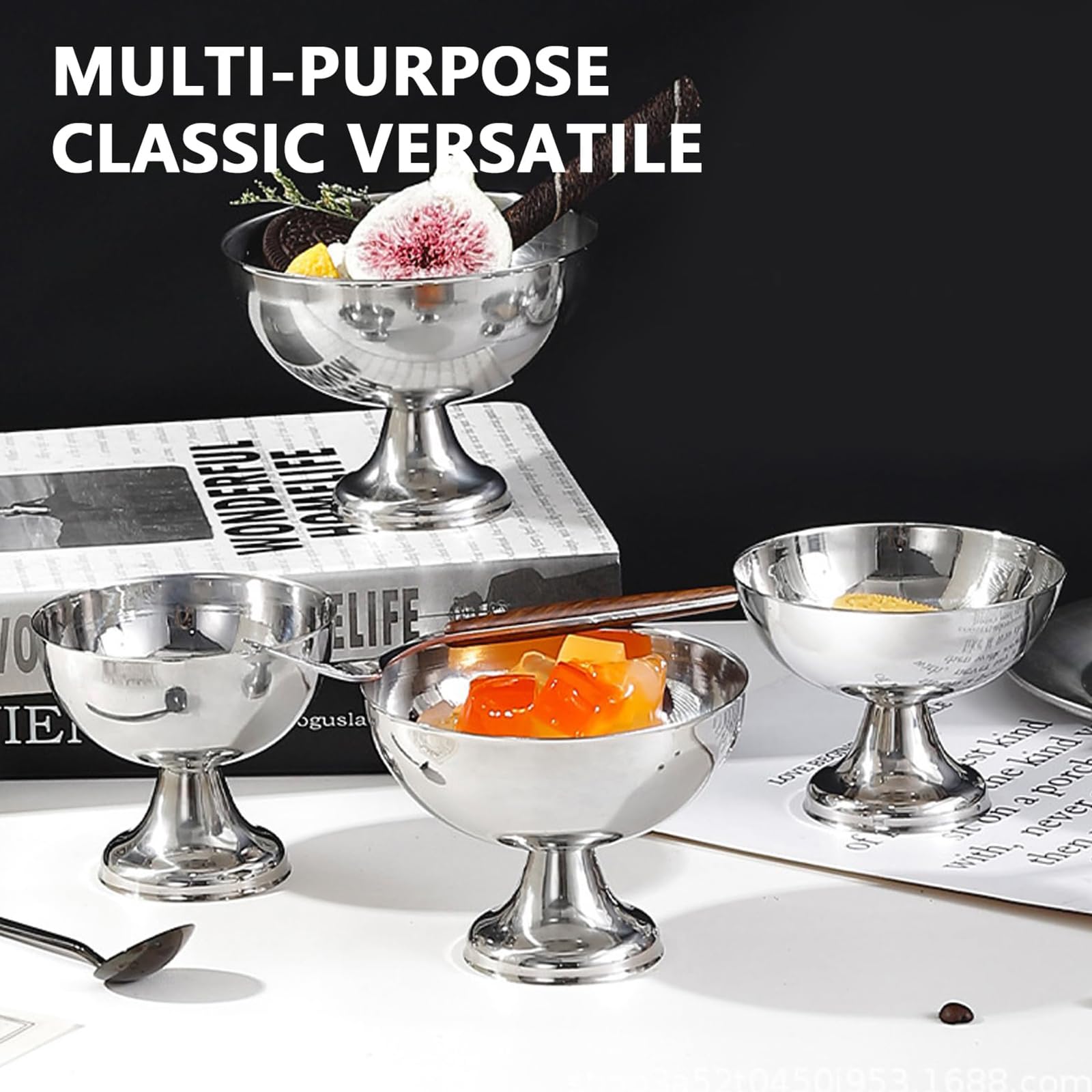 BAIFULAI 4 bicchieri da gelato da 150 ml, in acciaio inox: 8,2 cm, in acciaio inox, Ice Cream Sundae, per gelato, yogurt, macedonia di frutta e budino, ideali per matrimoni, feste, caffè e ristoranti
