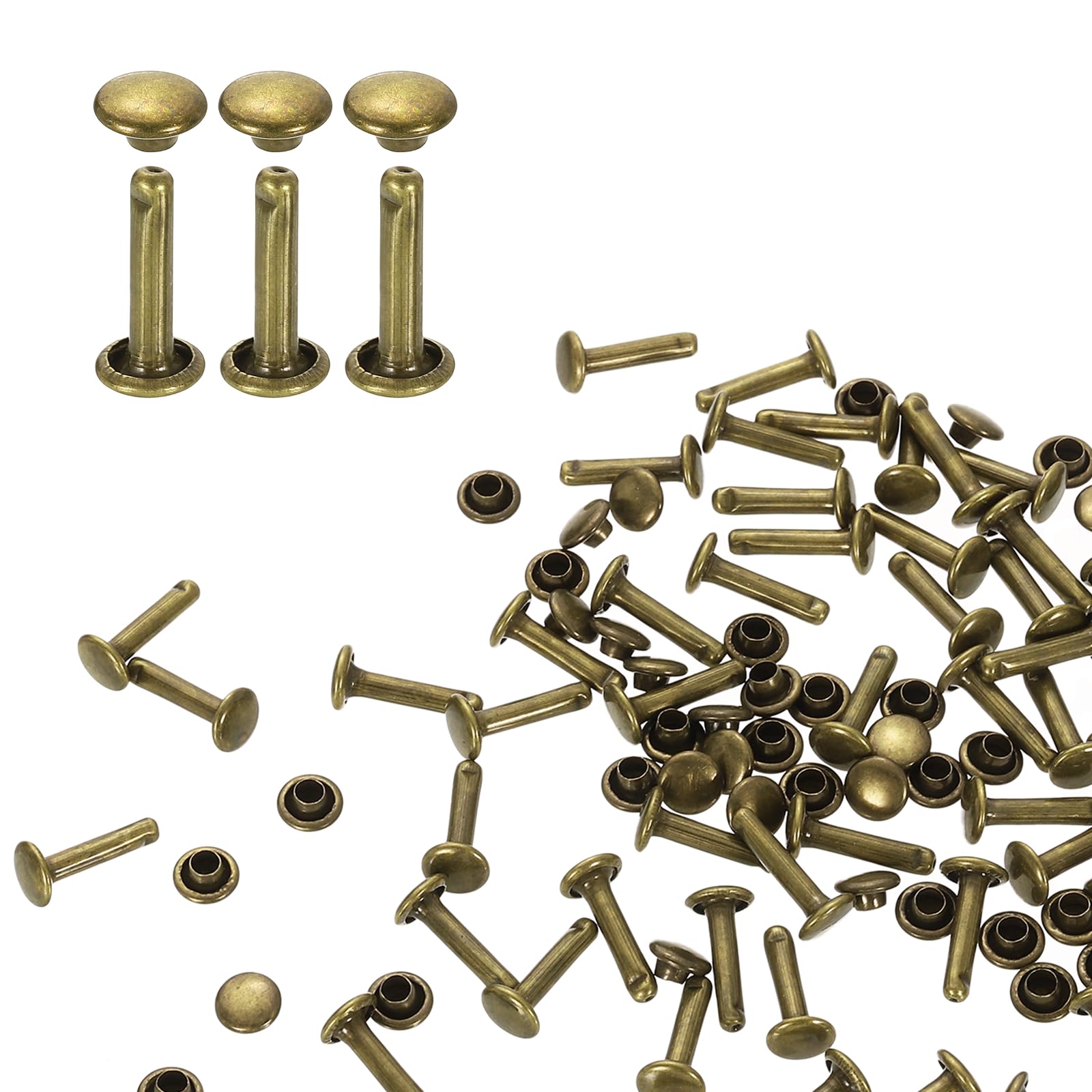 sourcing map 100 Sets Double Cap Rivets 6x12mm Carbon Steel Round Head Snaps Studs Fasteners Tubular Metal Studs for Leather Craft Repairs Decoration, Bronze