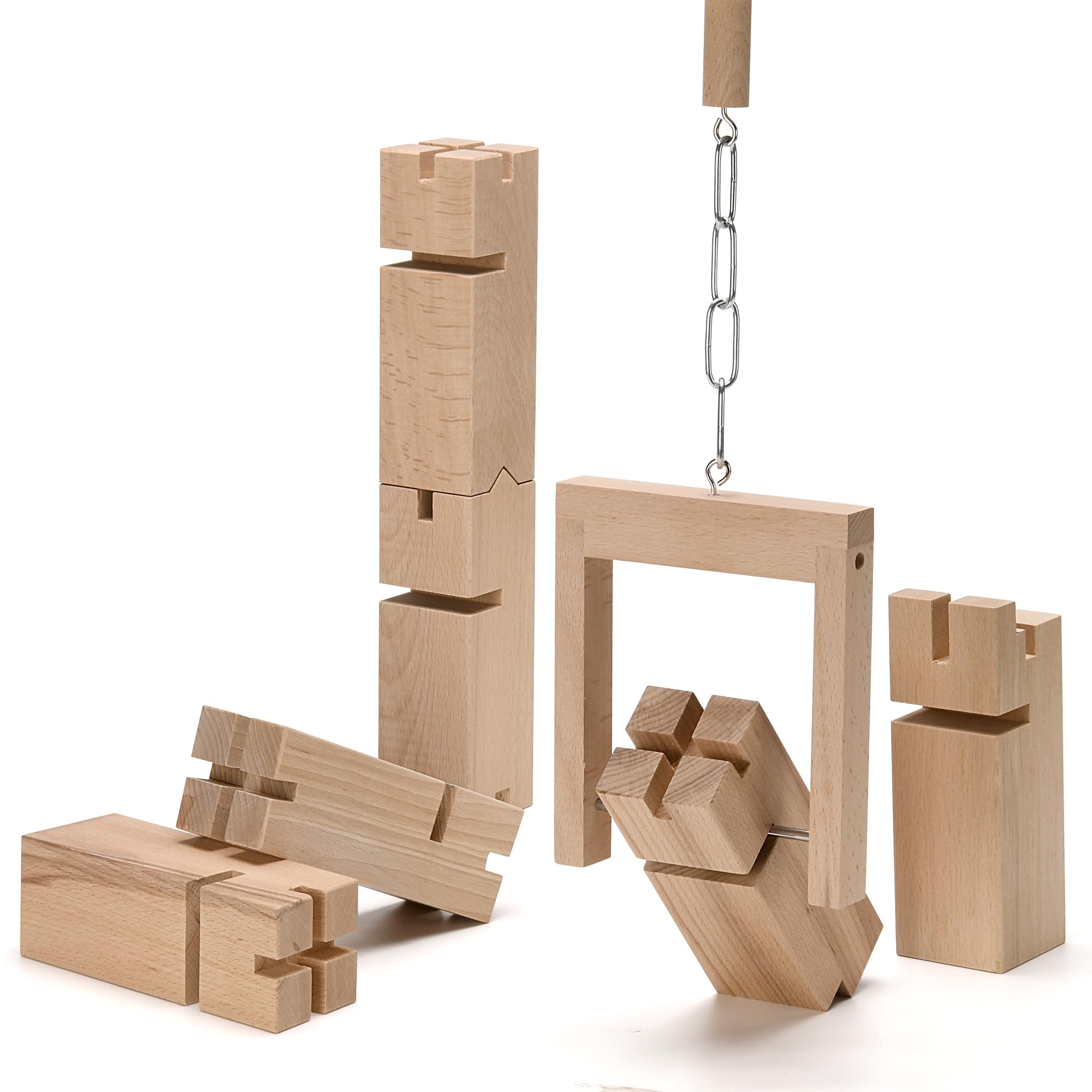 Fröbelturm Plus Teambuilding Spiel für Fortgeschrittene, 6 Bausteine aus Buchenholz, inkl. Seile & Kran