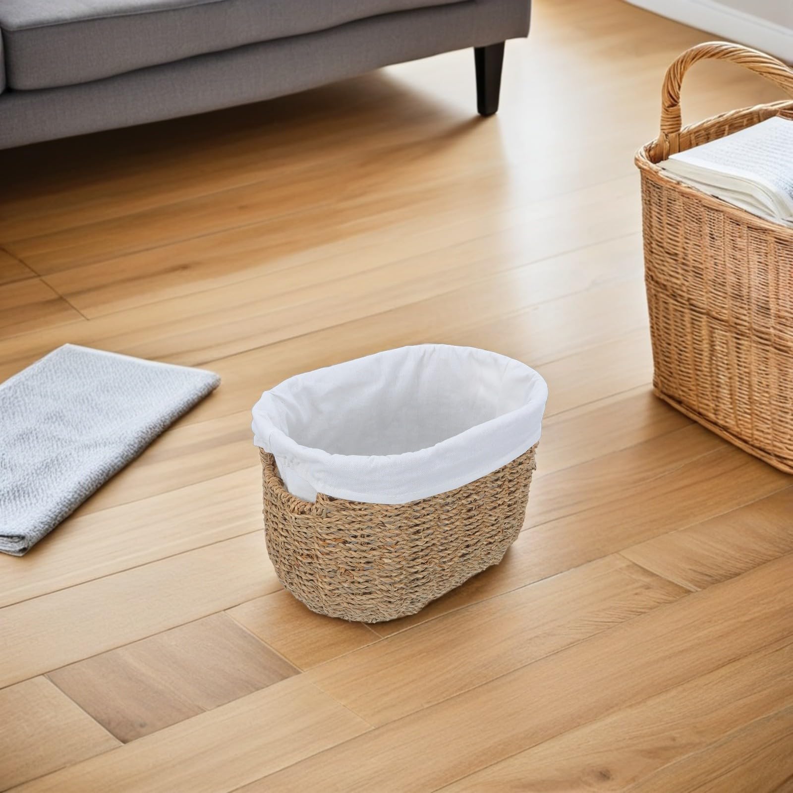 Cubo de Basura Grande Beige de Hierba con Diseño Portátil y Fácil de Mover para Oficina y Baño Estilo Rústico Decorativo