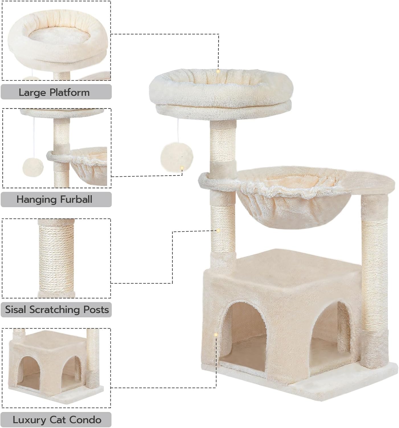 review HOOBRO Small Cat Tree Tower with Luxury Condo, Basket Hammock for Indoor Kittens with Scratching Posts, Kittens Pet Activity Tree, Beige BE07CT03