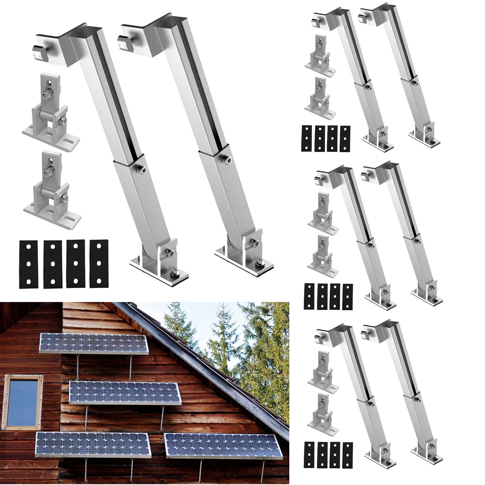 Solarmodul Halterung Kit, Solarpanel Aluminium Halterungs für 100W-600W Solarmodule Für Flachdach, Wand, Balkon,Senkrecht - Waagerecht Universal-Aufstelle, Stufenlos Neigungswinkel 15°-60° (4 Sätze)