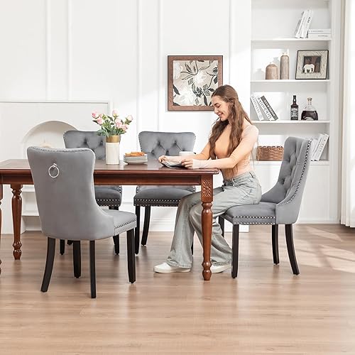 Miniatura 95 de Kiztir Juego de 2 sillas de comedor de terciopelo, sillas de comedor tapizadas con ribete de anillo y respaldo con botón, silla de comedor copetuda