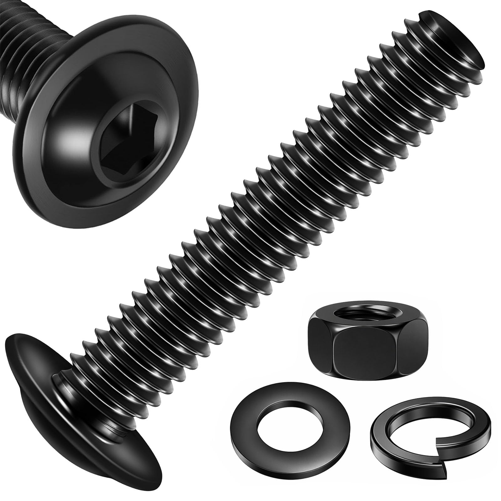 Zynthor 20Pcs M6 x 30mm Flanged Button Head Bolts with Nuts and Flat & Spring Washers, Black 10.9 Grade Alloy Steel Bolts and Nut Set for Machine Fastener