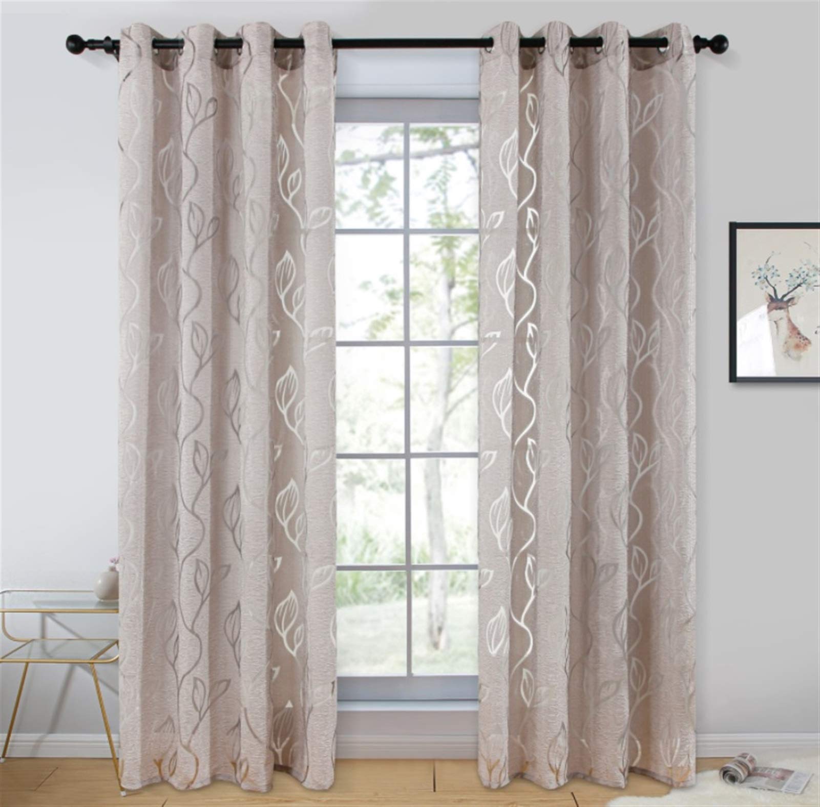 Amazon.com: Cortinas traslúcidas de gasa con y patrón de hojas de tul para sala de estar, estilo nórdico, juego de paneles de cortina (color gris claro, tamaño: 150 pulgadas