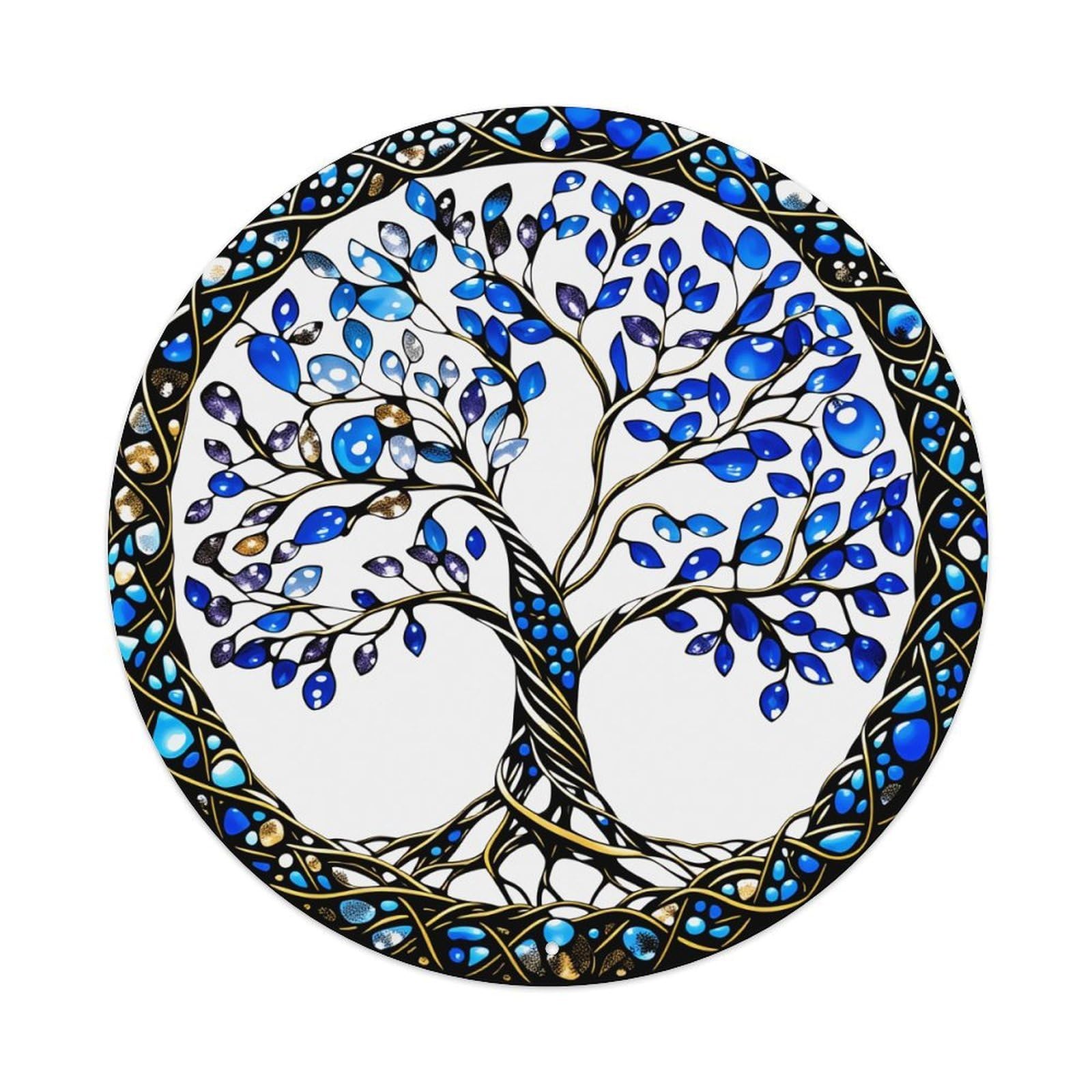 Blue Tree Stained Glass Pattern Round Tin Sign Vintage Metal Poster Retro Bar, Home, Man Cave, Kitchen, Laundry Room Wall Art Decor Gift 8x8Inch