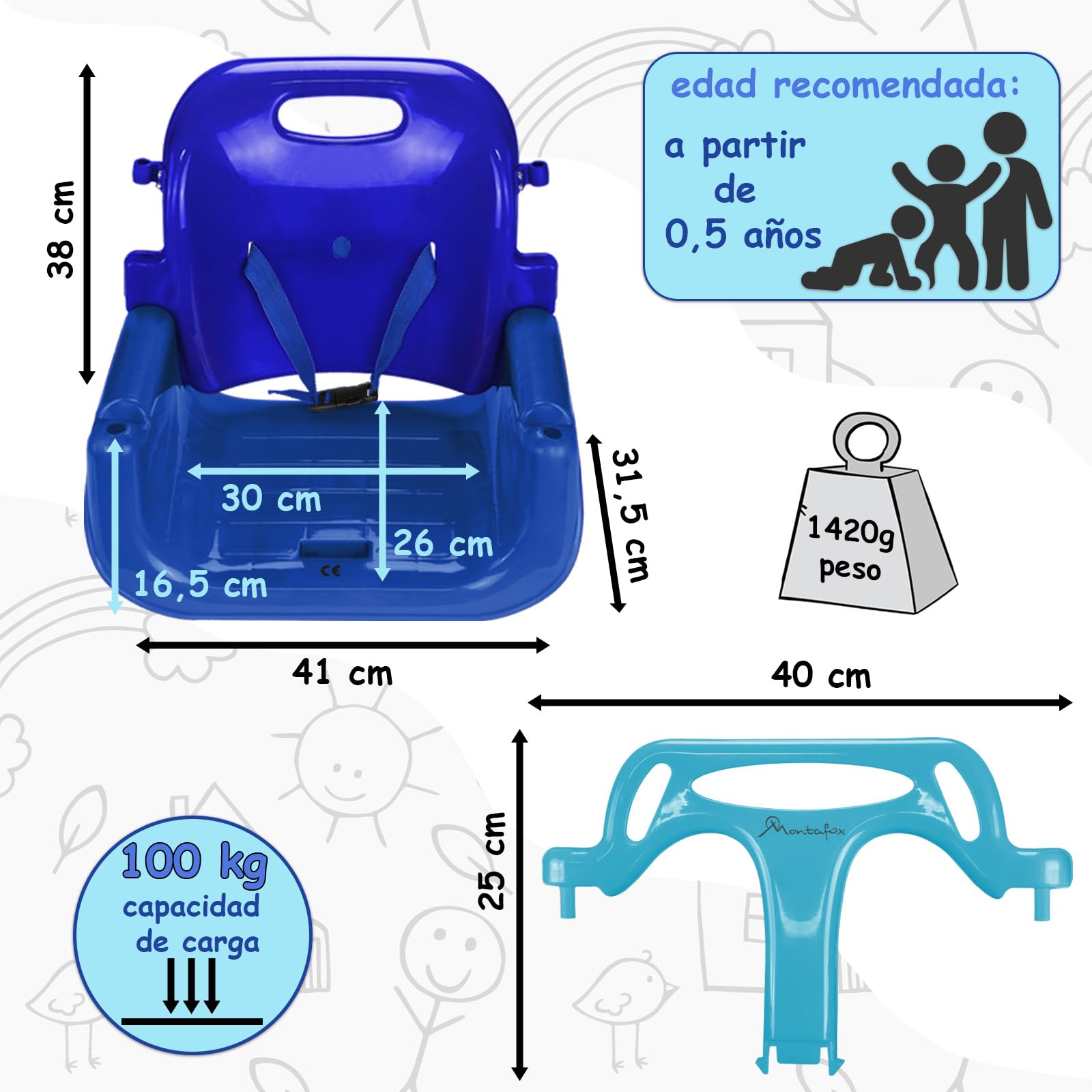 Montafox Columpio para niños bebés 3 en 1 Ajustable en Crecimiento con Respaldo arnés con Correa, Color:Azul
