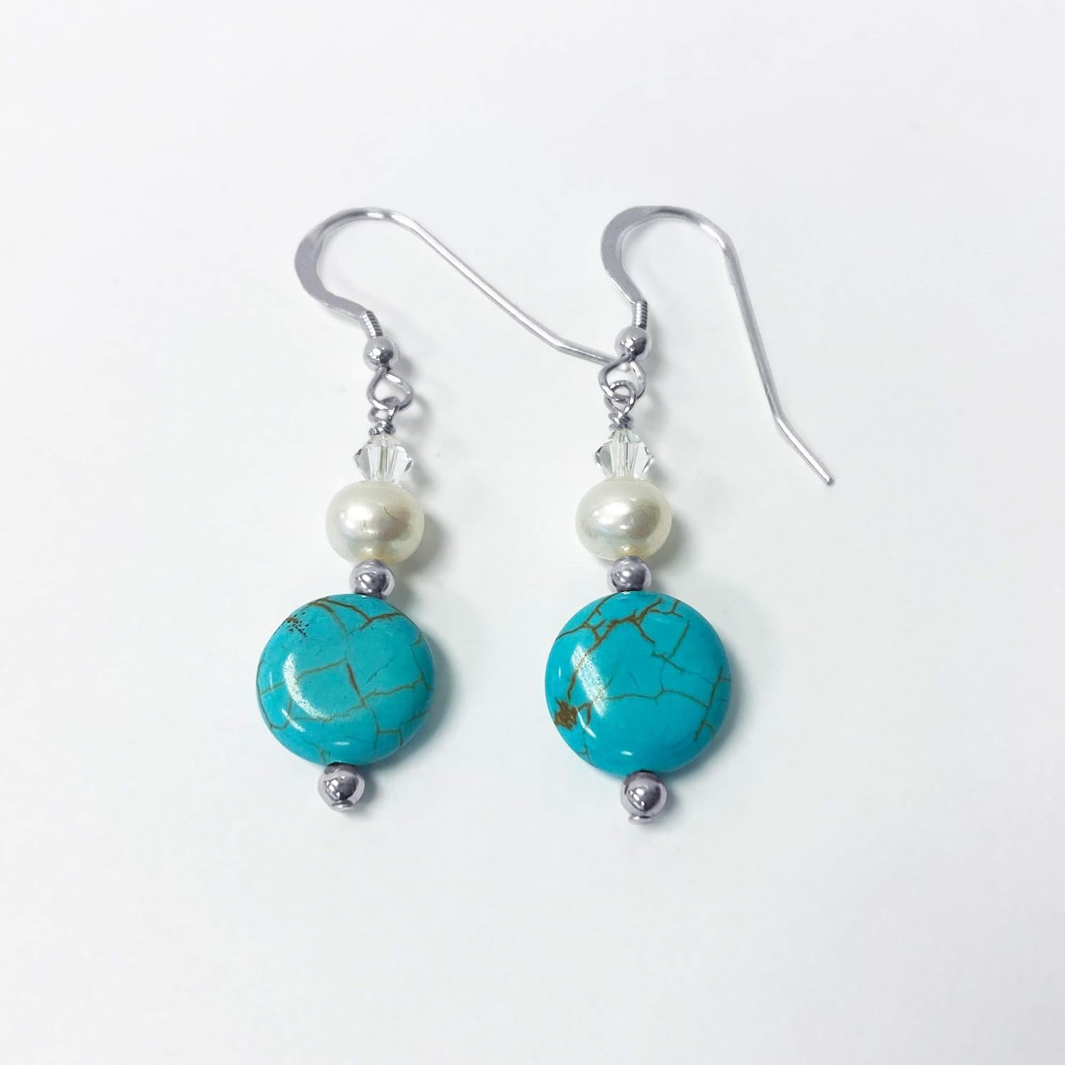 925 Sterling Silver White Faux Pearl with Simulated Turquoise and Austrian Crystal Handmade Earrings for Women