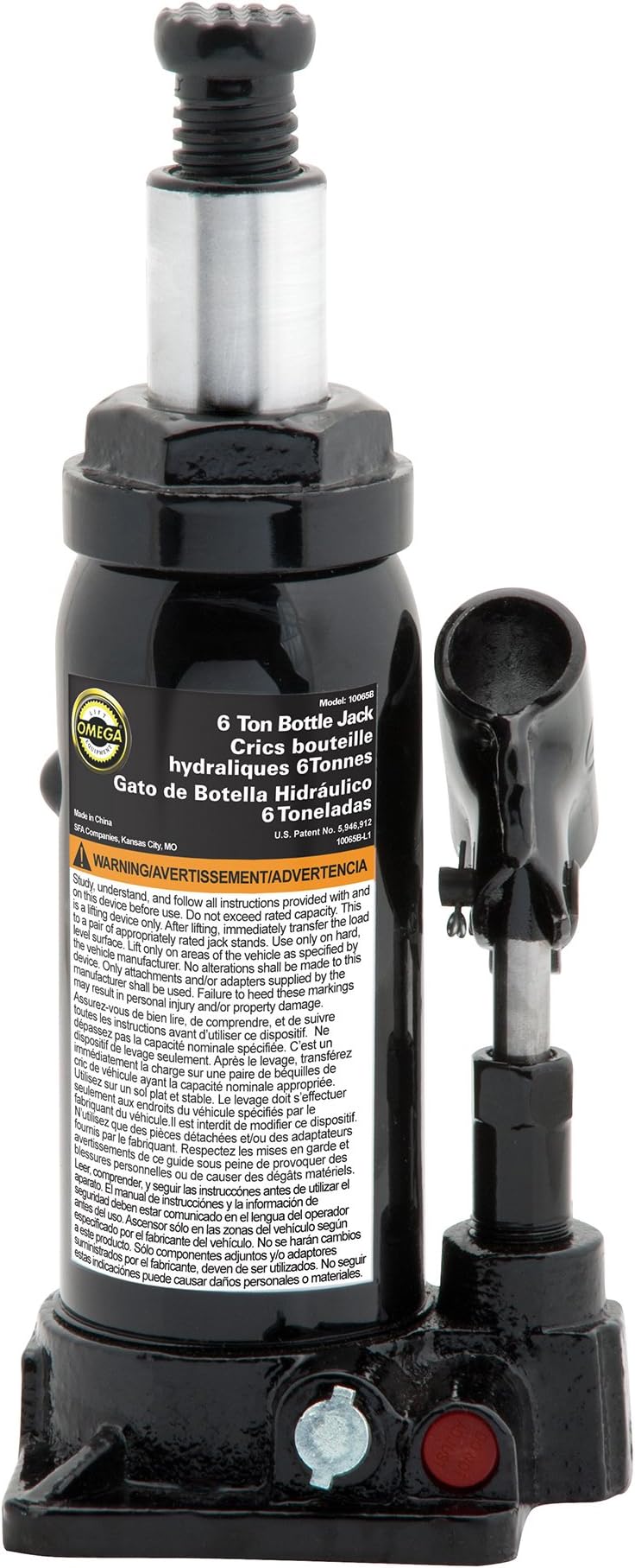Omega 10065B Black Hydraulic Bottle Jack - 6 Ton Capacity
