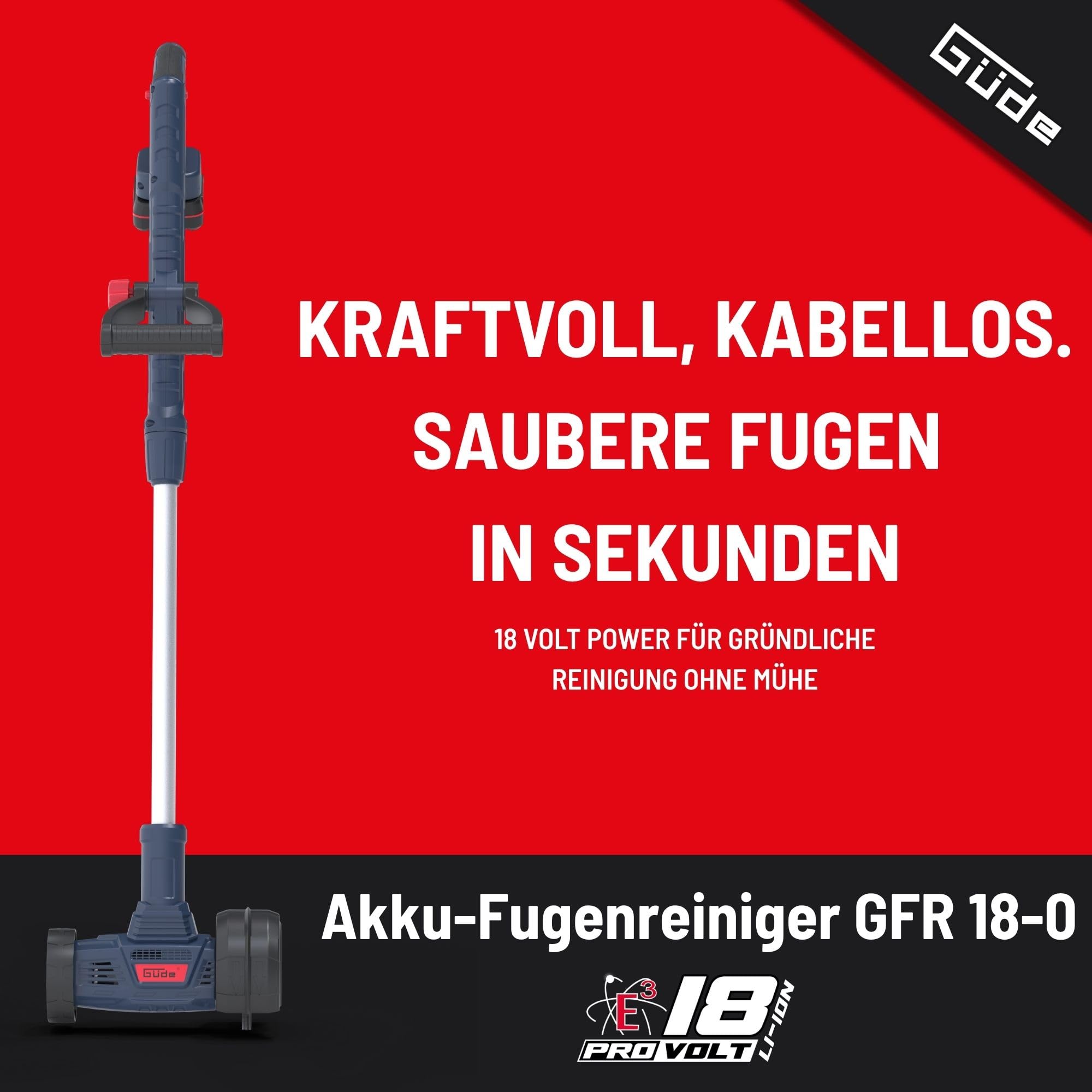 Güde GFR 18-0 Akku-Fugenreiniger - 18 Volt Li-Ion, 1200 Umdrehungen pro Minute, 11 cm Bürstendurchmesser, 82-112 cm Griffhöhe, ohne Akkupack und Ladegerät, inklusive Stahlbürste und Nylonbürste