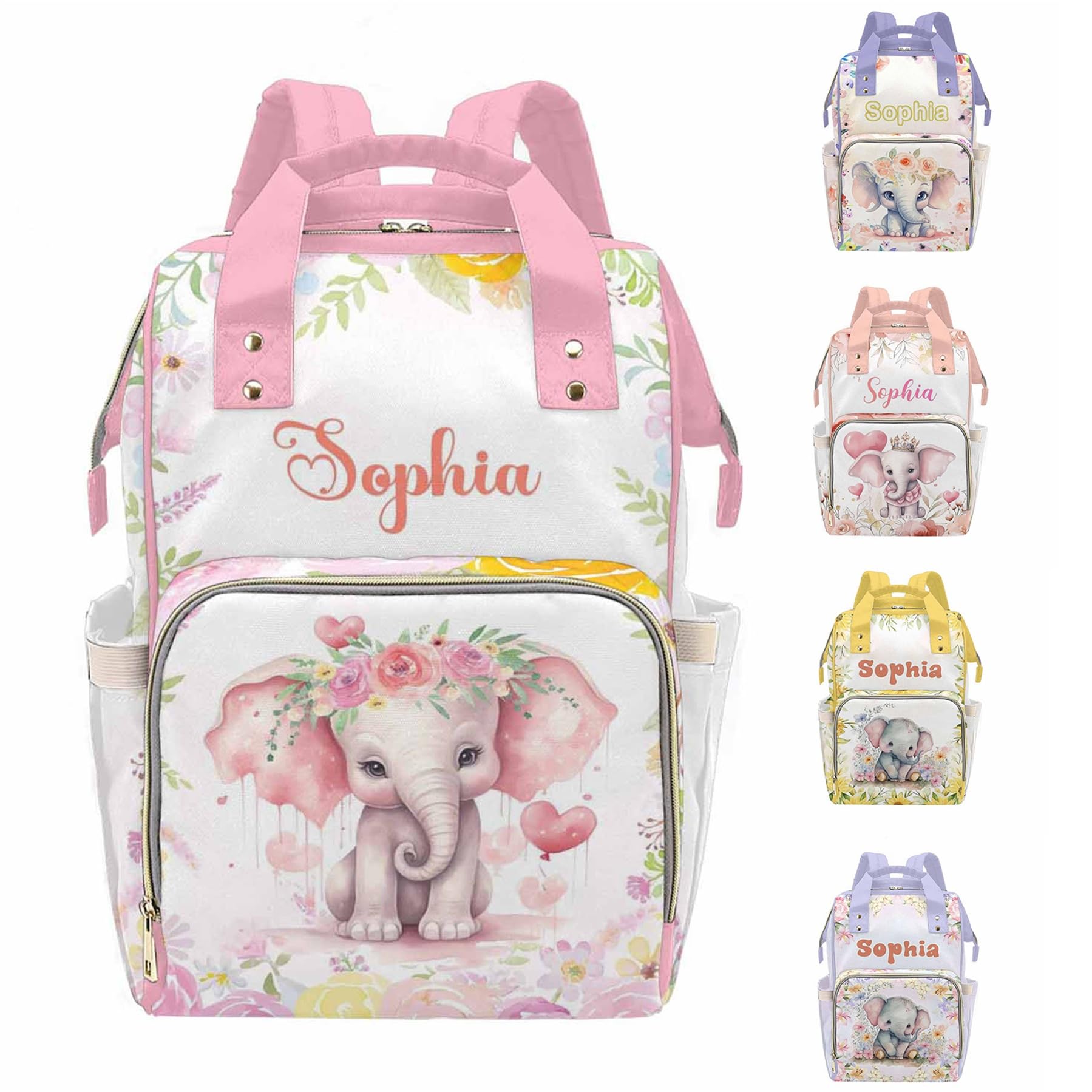 MyPupSocks Personalized Elephant Diaper Bag Backpack for Mom Daughter Granddaughter - Customized Nappy Mommy Bag Backpack Diaper Bag with Name