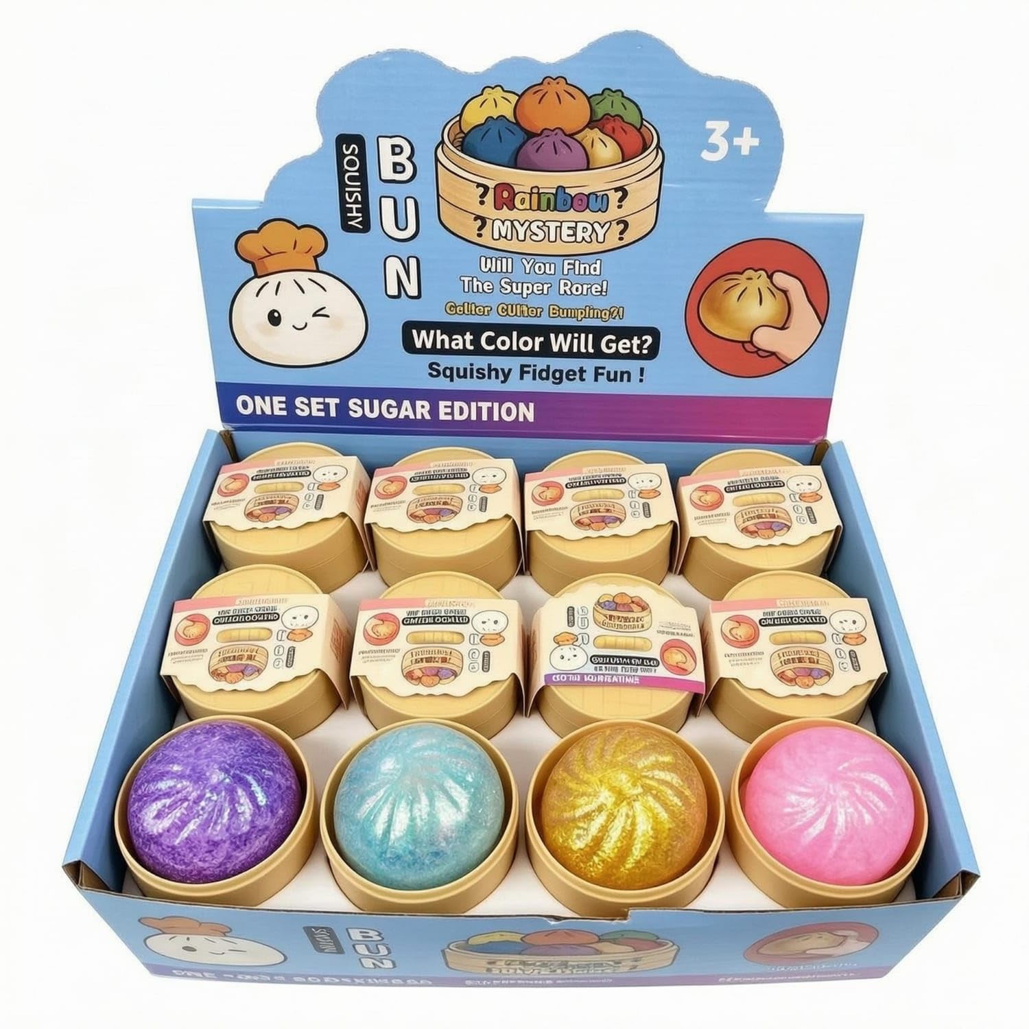 12 Pieces Glittery Bun-Shaped Stress Toy Shallow Round Container Steamed Bun Squishy Presentation Box Dumpling Squishy Display Storage, 12PCS Gold Powder-image-36