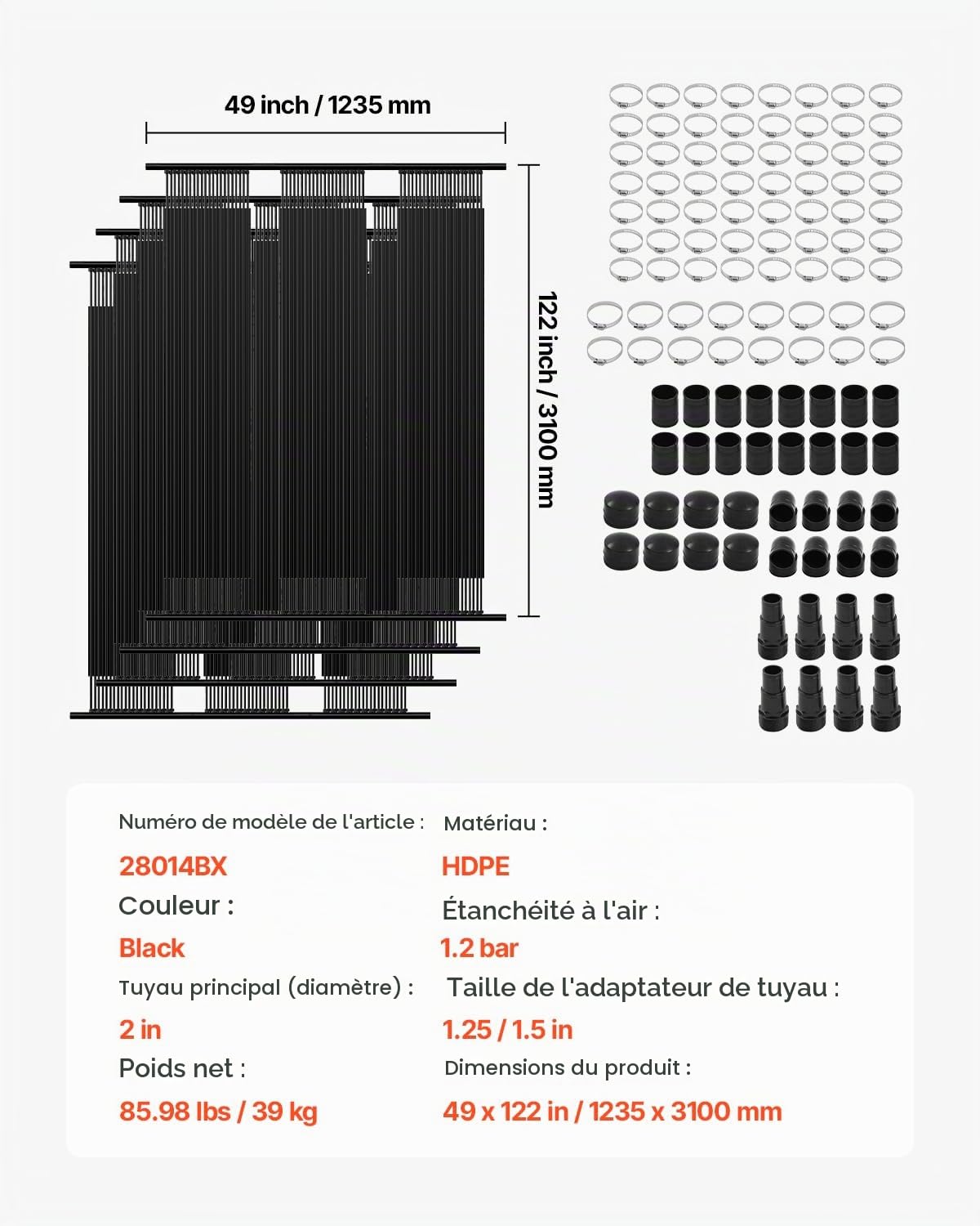 VEVOR Système Chauffage Solaire de Piscine, 1235x3100 mm, Chauffe-Piscine Solaire Universel PEHD, Lot de 4, Résistant aux Intempéries, avec Accessoires, pour Chauffer Eau Piscine Hors Sol et Creusée