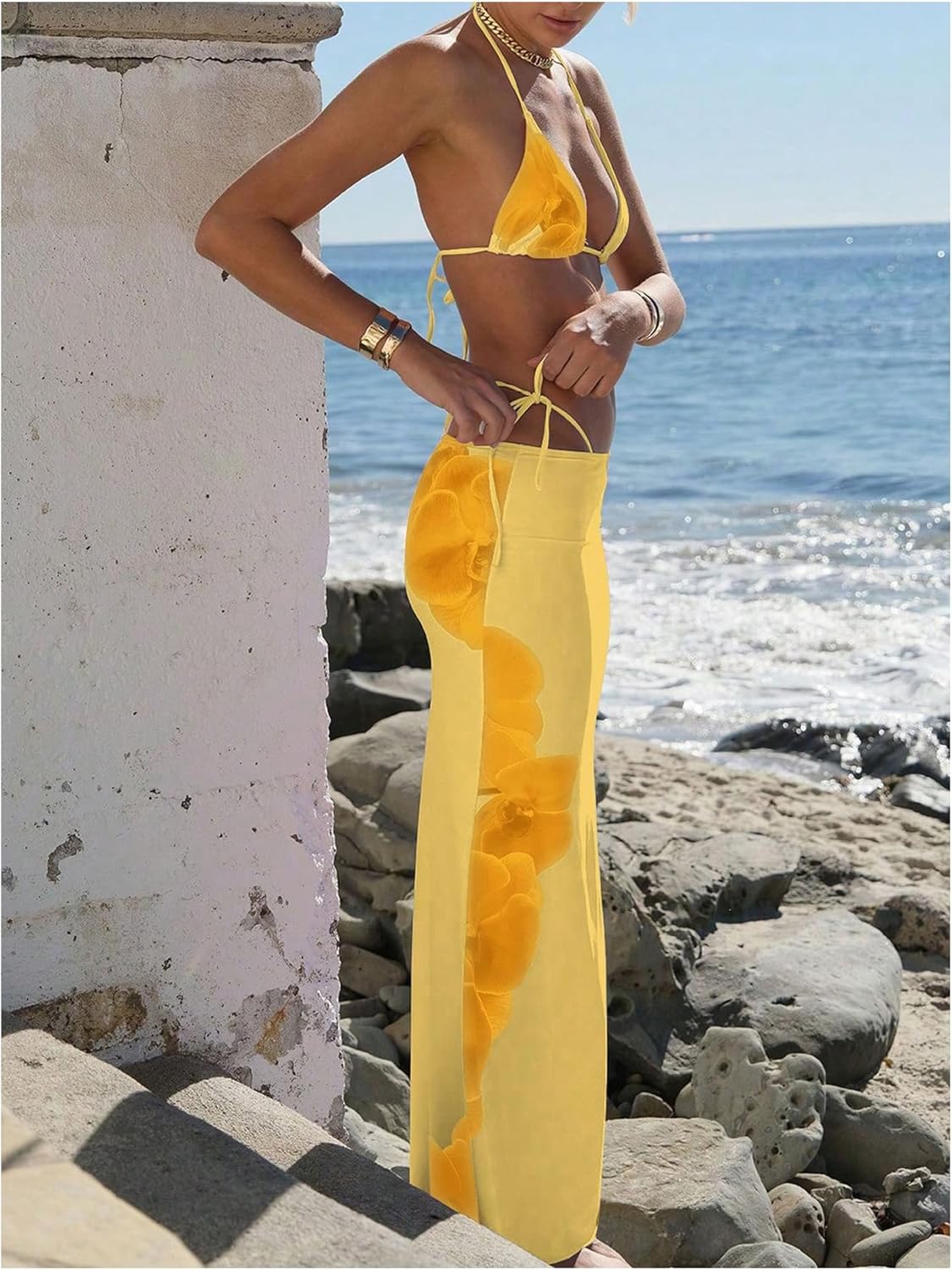 Verdusa Women's 3 Piece Swimsuits Floral Print Bikini Sets with Beach Cover Up Skirt - Image 3