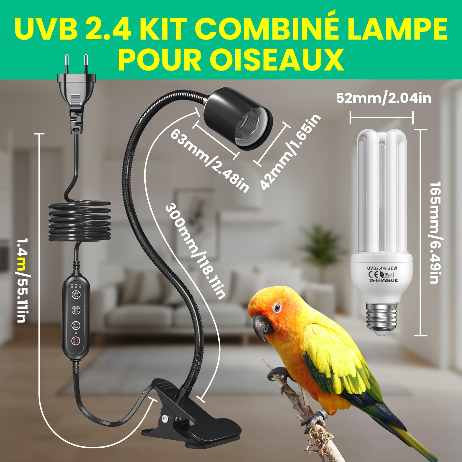 GlowUp UVB 2.4 Kit Complet d'éclairage pour Oiseaux, Lampe à Pince avec UVB 2.4 Ampoule E27 20W pour Oiseaux