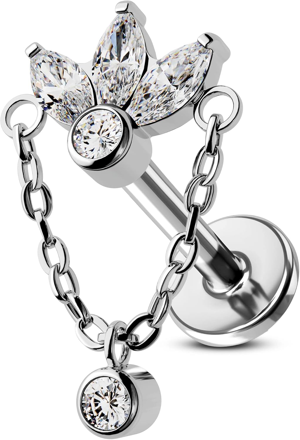 COCHARM G23 Titanium Dangling Chain Helix Earrings 16g Flat Back Flower Upper Ear Stud Piercing 6mm Tragus Earrings 16 Gauge Internally Threaded Forward Helix Jewelry