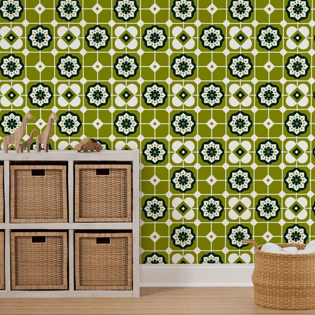 Spoonflower Peel & Stick Wallpaper 3ft x 2ft - Mid Century Modern Tiles Green Vintage Retro Geometric Custom Removable Wallpaper
