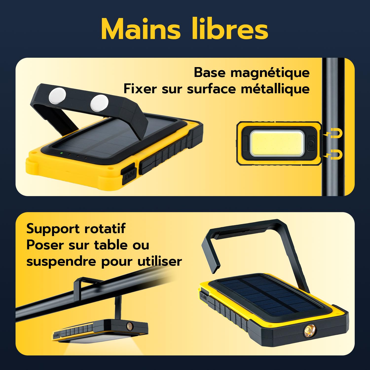 Wigearss Lampe Torche LED Solaire Rechargeable, Lampe de Poche COB Portable avec Crochet et Aimant, Lampes LED Rechargeables pour Urgences, Atelier, Camping