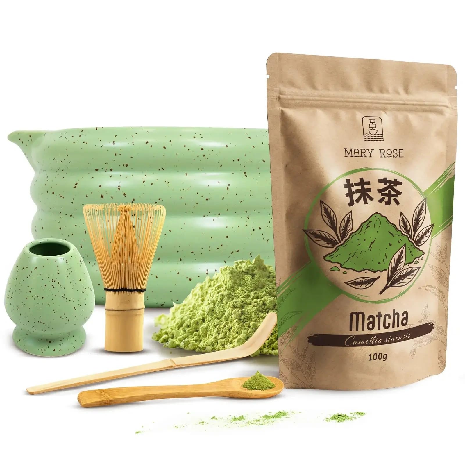 Kit Matcha Mary Rose: Thé Vert 100g avec fouet en bambou et accessoires