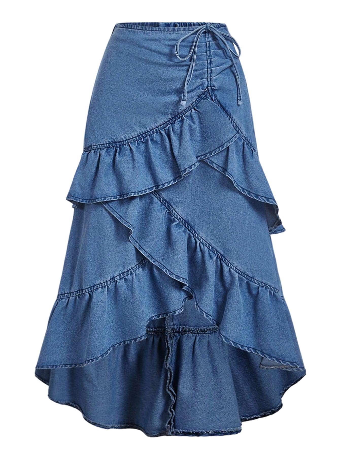 GORGLITTER Womens Asymmetrical Long Jean Skirt Ruched Tiered Ruffle High Waisted Boho Western Fall Denim Maxi Skirts