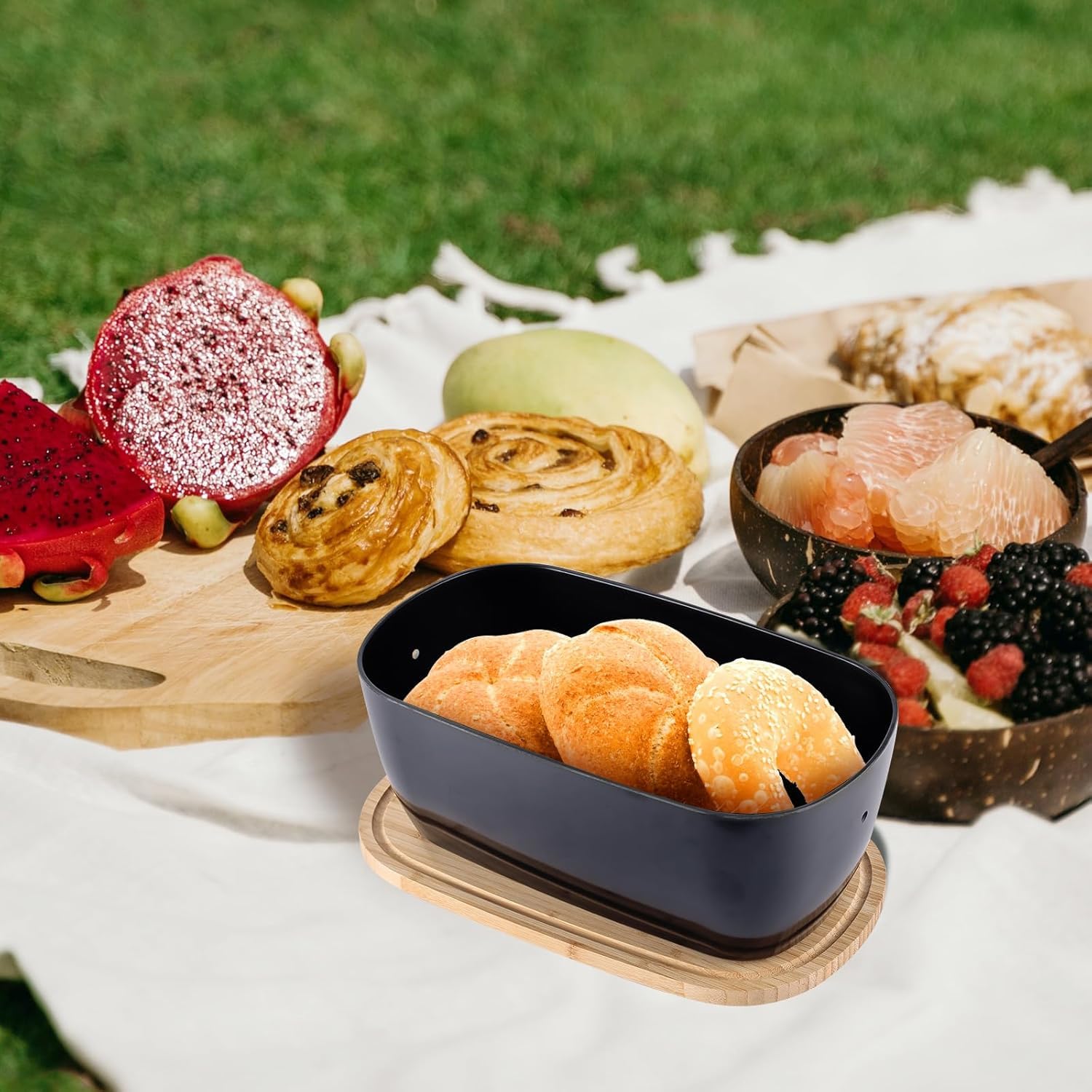 Panera para encimera de cocina, panera de fibra de bambú con tapa reversible para tabla de cortar