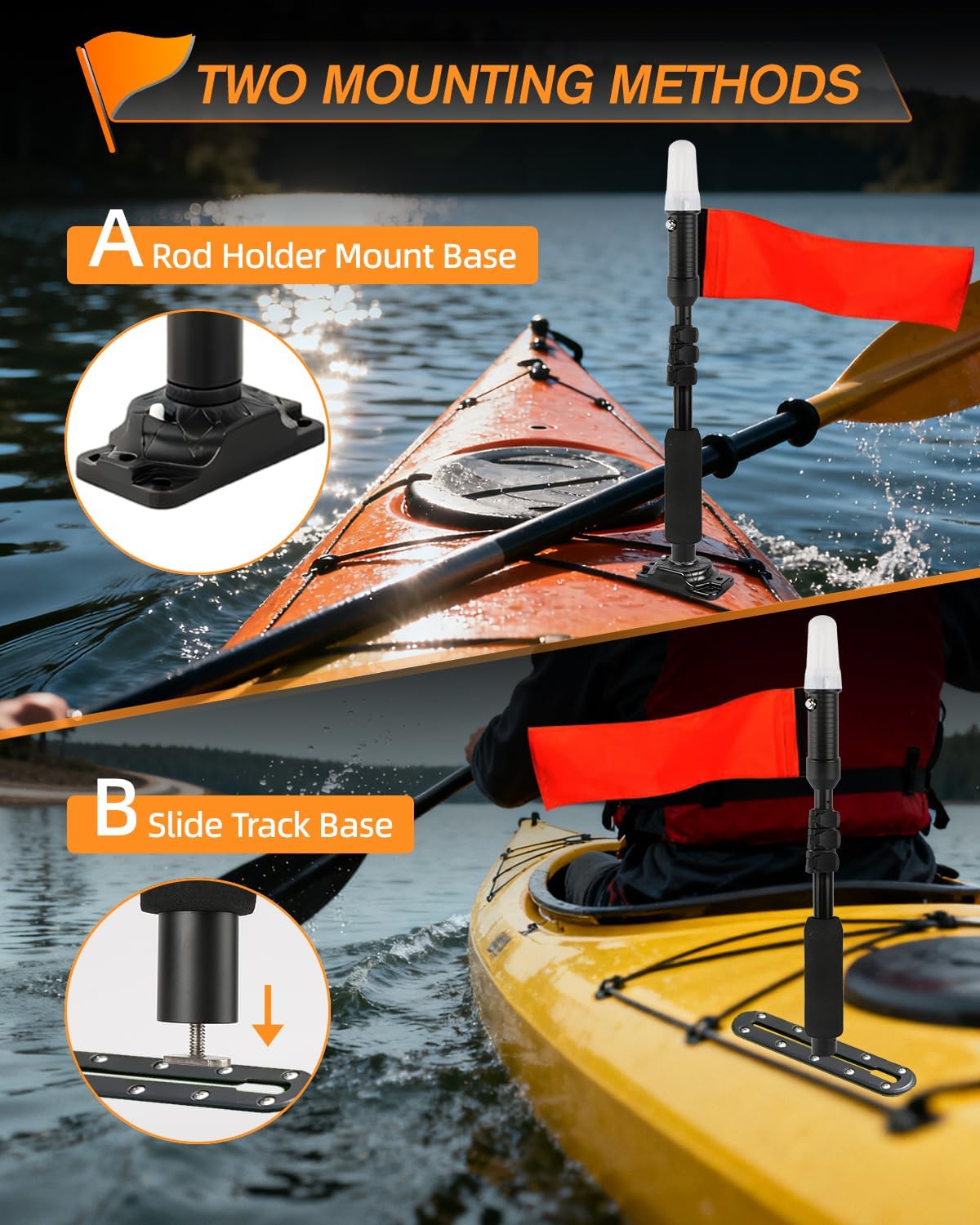 CO LIGHT Telescoping Kayak Lights 26.5"-59.4" 3-Mode 360° LED Navigation Lights with Orange Flag and Retractable Pole Waterproof Dual Mount Base for Night Kayaking Boating Fishing & Boating Safety