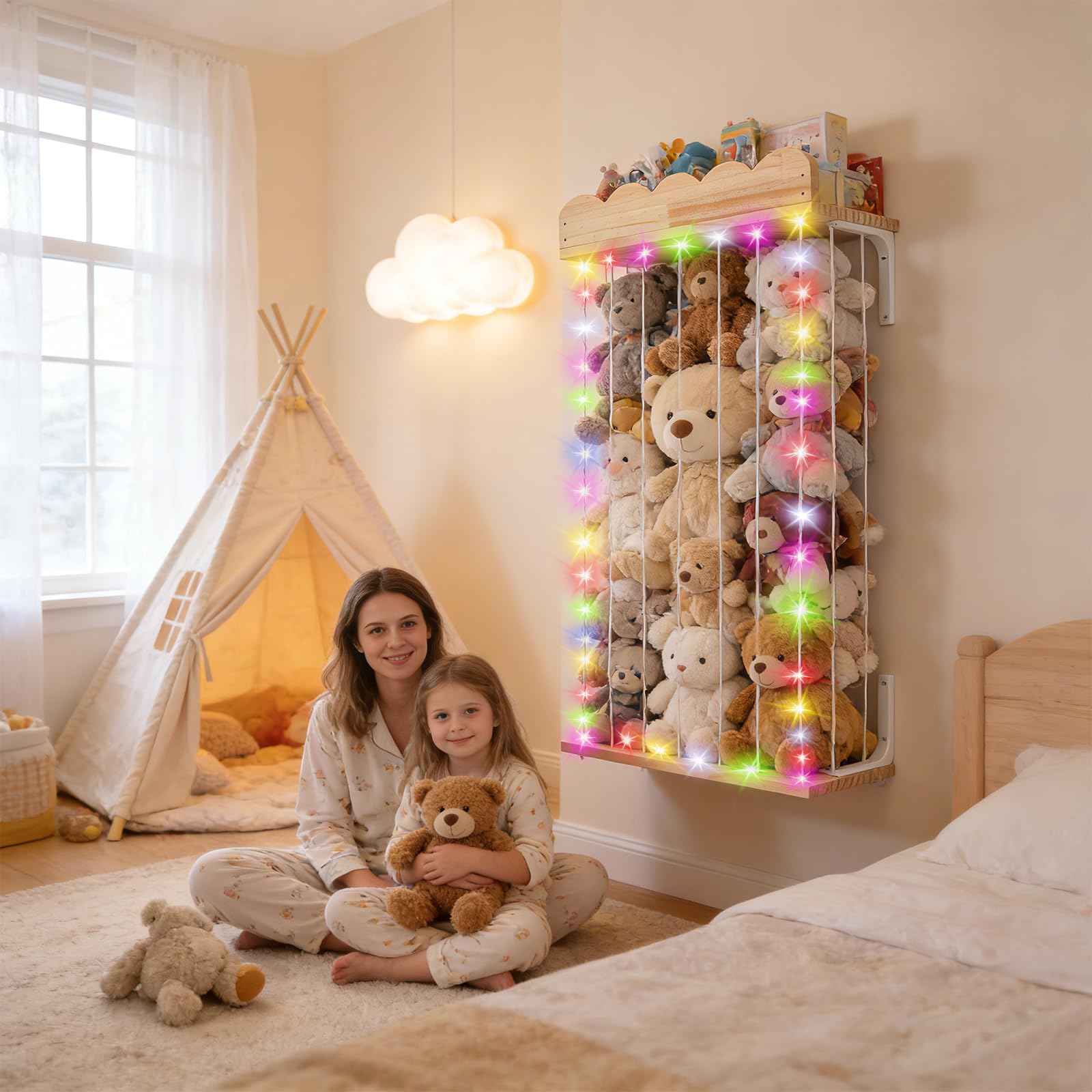 Rangement Peluche de Enfant, Mural Suspendu Range Peluche en Bois Gain de Place, 183 * 43 * 20CM Rangement Jouet Enfant pour Salle de Jeux, Chambre d'enfant, Chambre à Coucher,Hauteur Ajustable