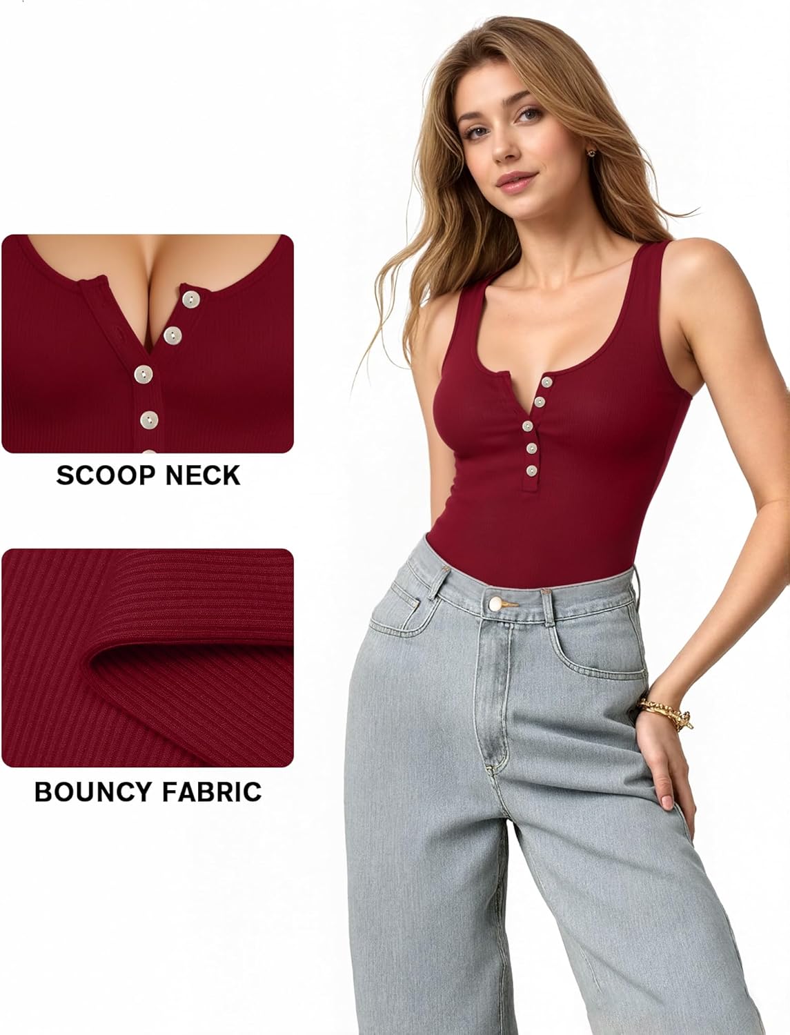 MANGOPOP Women's Henley Shirt Scoop Neck Button Down Ribbed Bodysuits Sleeveless Tank Tops Body Suit - Image 4