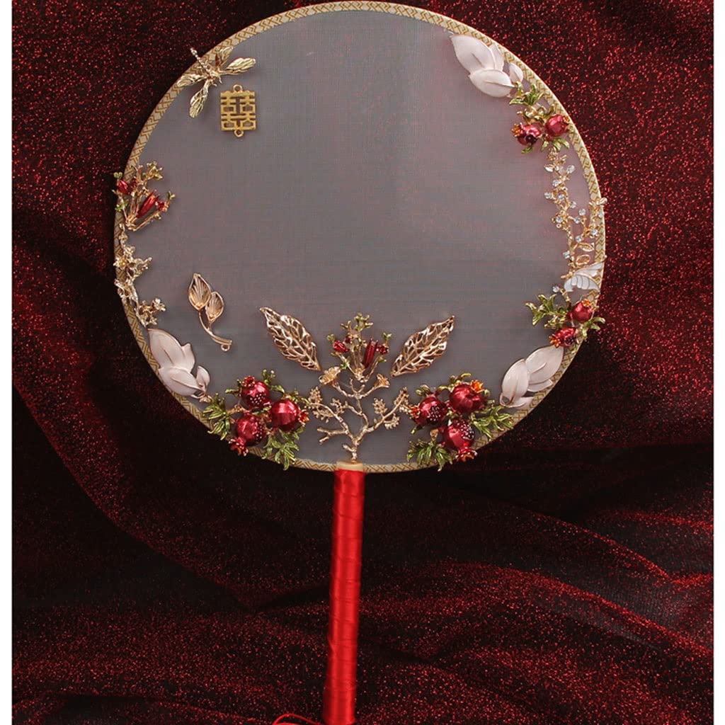 Chinese Style ROOd Round Wedding Bride Hand Silk Fans Wooden Eventail Portable Fan Home Table Decor (color : Wit)