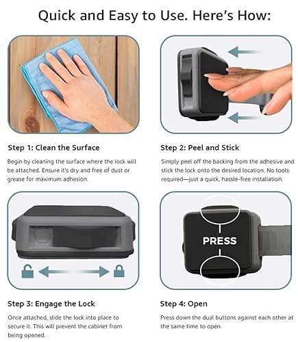 Miniatura 7 de Cerraduras de gabinete a prueba de bebés (paquete de 6 negros), cerraduras de gabinete a prueba de niños, sin taladrar, fácil instalación,