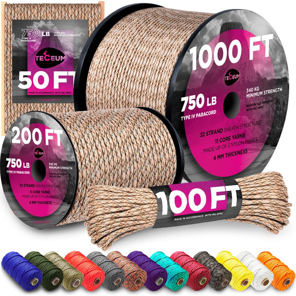 TECEUM Paracord Type IV 750 lb Desert Camo – 30 m – 4mm – 100% Nylon Strong Tactical MIL–SPEC Parachute Cord – Survival Rope Emergency 11 Strands Core Camping Hiking Military Gear(100ft) 280a