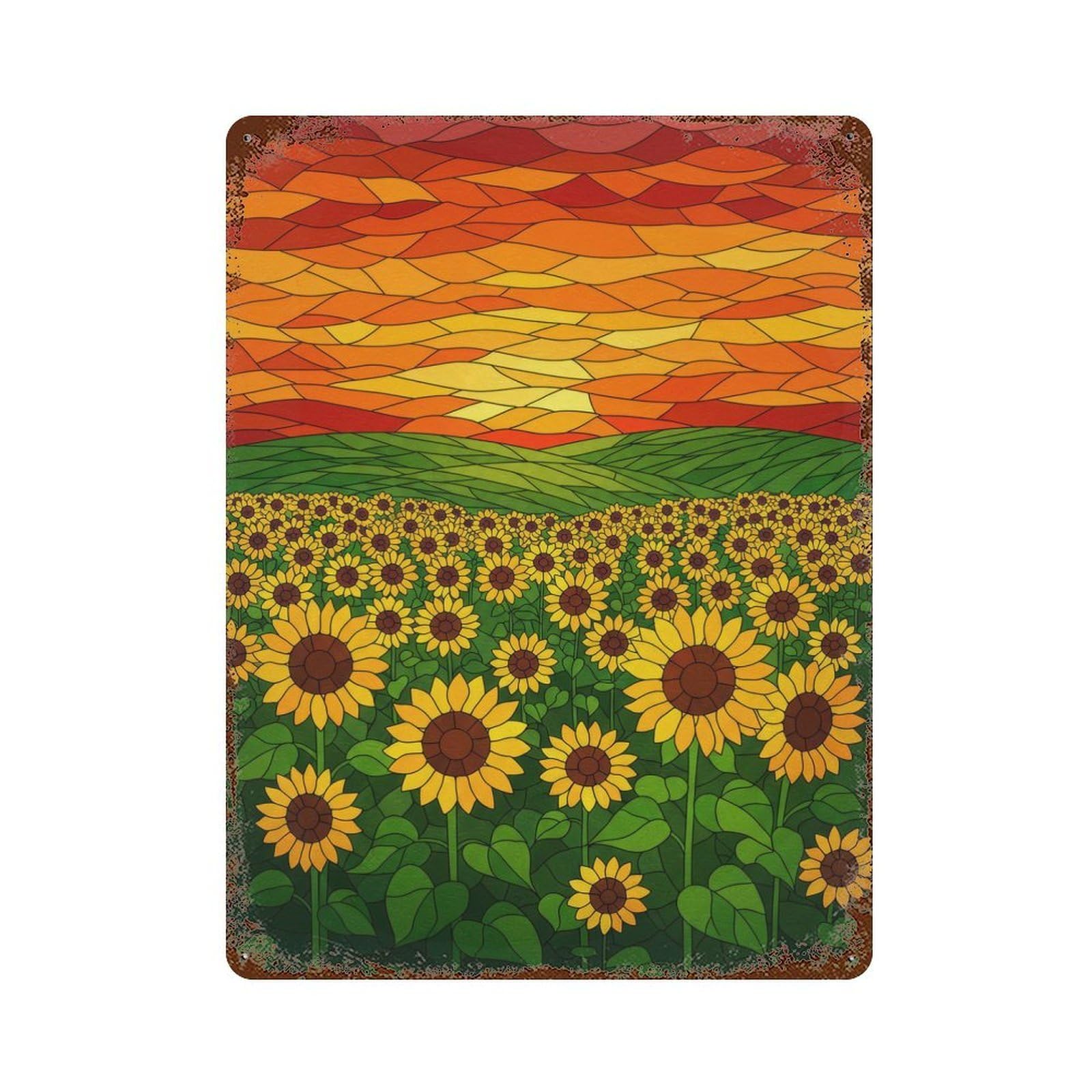 Decorative Tin Sign Stained Glass Sunflower Field at Sunset 15.7"x11.8", Vintage Wall Decor for Pub, Kitchen And Man Cave Decor