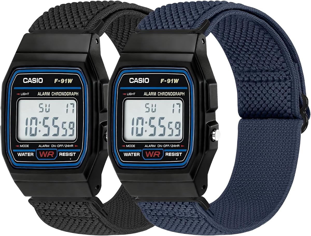 2 Pack Elastic Bands Compatible with Casio F-84/F-91W/F-94/A158/A168/F-105/F-108, Breathable Nylon Strap for Casio W-215/216H/217H/218