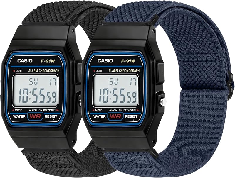 2 Pack Elastic Bands Compatible with Casio F-84/F-91W/F-94/A158/A168/F-105/F-108, Breathable Nylon Strap for Casio W-215/216H/217H/218