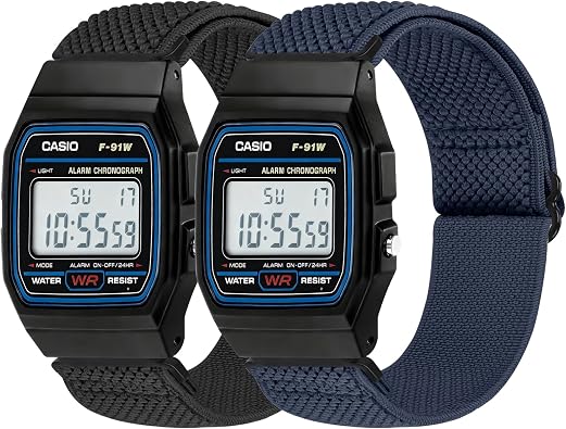 2 Pack Elastic Bands Compatible with Casio F-84/F-91W/F-94/A158/A168/F-105/F-108, Breathable Nylon Strap for Casio W-215/216H/217H/218