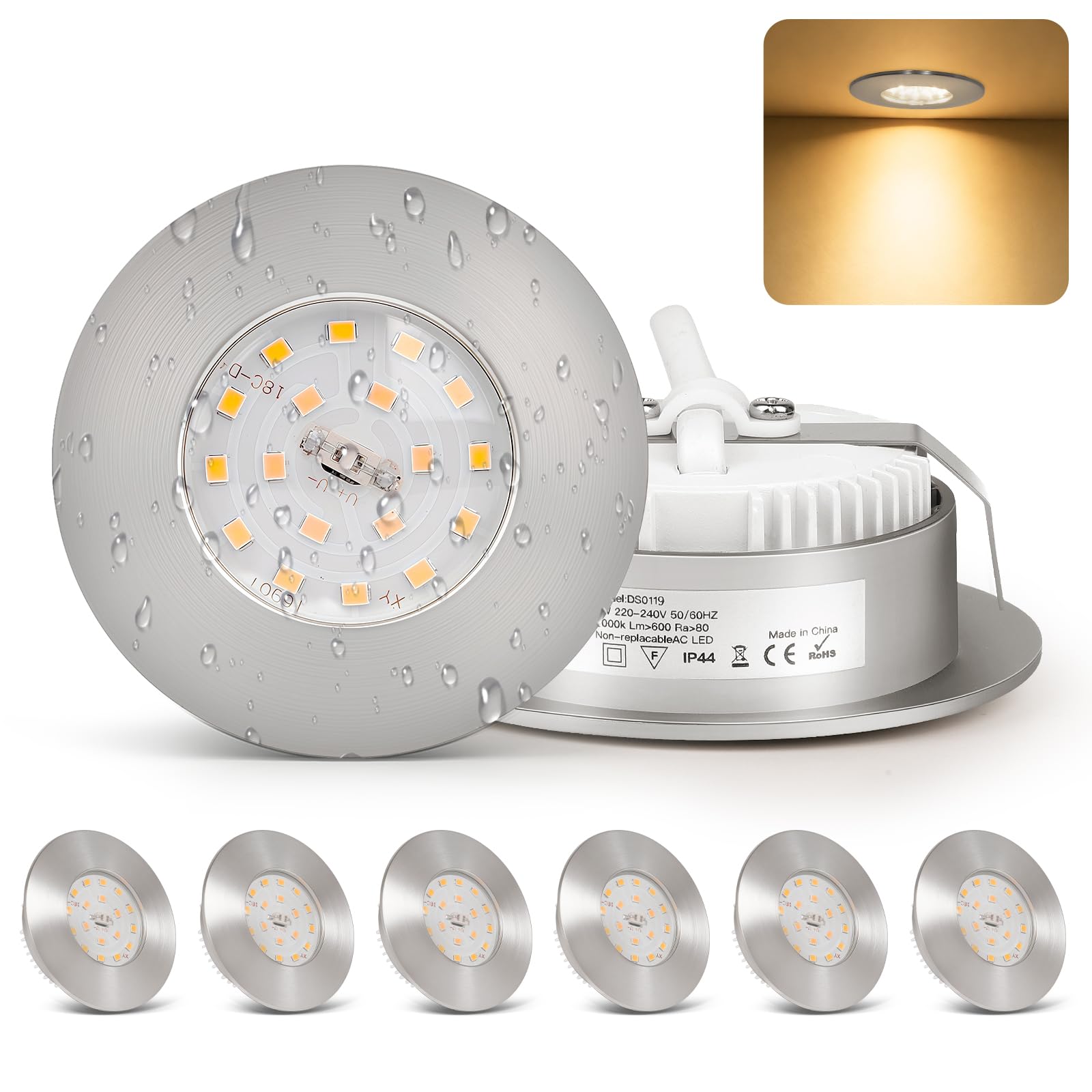 LED Einbaustrahler 230V 60-65mm Ultra Flach 6W IP44 LED Einbauleuchten Deckenspots 3000K Warmweiß, LED Spots Badezimmer Matt Nickel 6er Set, für Badezimmer Küche Wohnzimmer