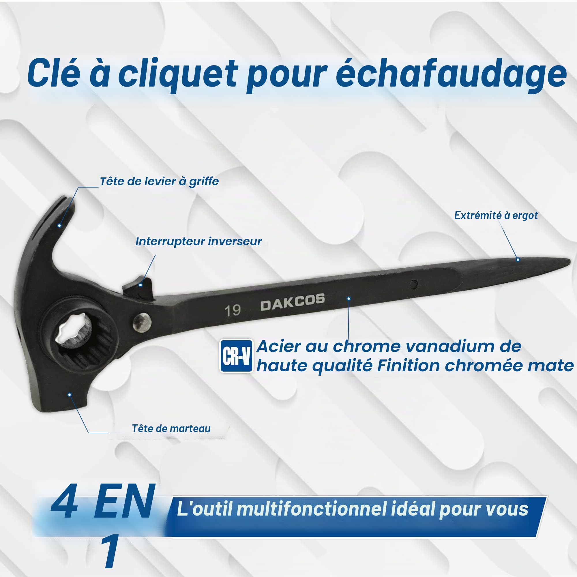 DAKCOS Cliquet d'échafaudage 19/22 mm 4 en 1 clé à cliquet réversible Cliquet d'échafaudage avec Marteau Arrache-clous et Pointe de centrage en CR-V Noir