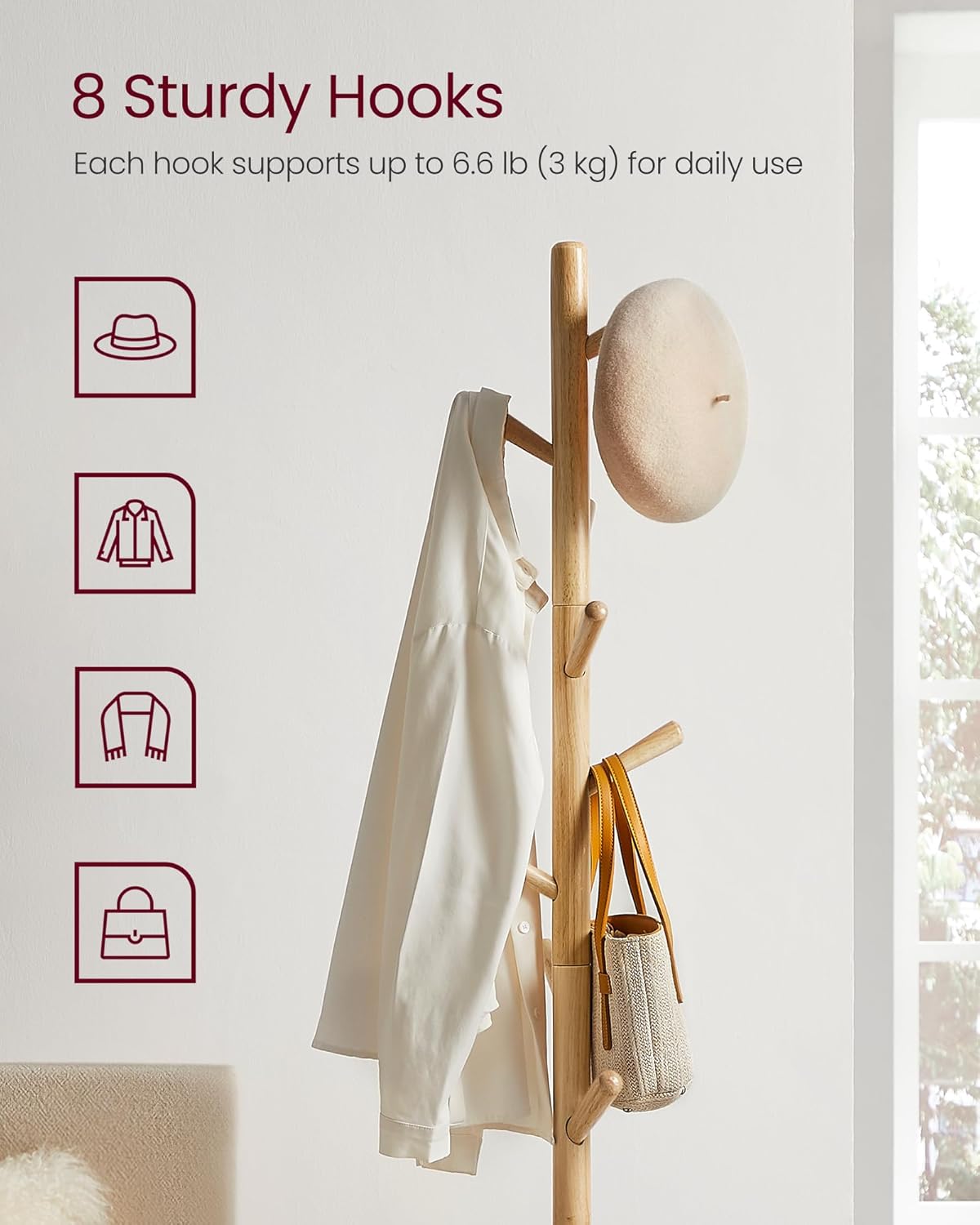 VASAGLE Solid Wood Coat Rack, Free Standing Hall Coat Tree with 8 Hooks, 3 Height Options, for Coats, Hats, Bags, Purses, for Entryway, Hallway, Rubberwood Hooks and Pole, Natural Beige URCR010N01