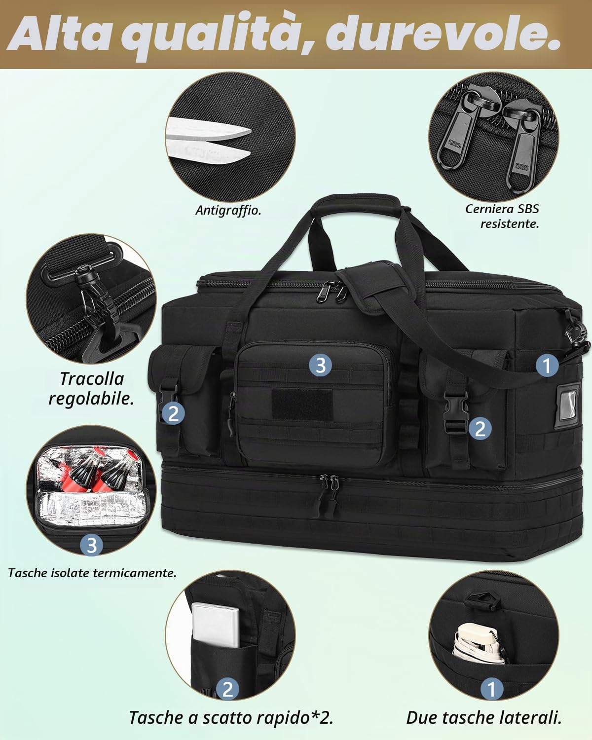Borsone da viaggio da uomo da 50 l, borsa da palestra con set da toilette per fitness, weekender, campeggio