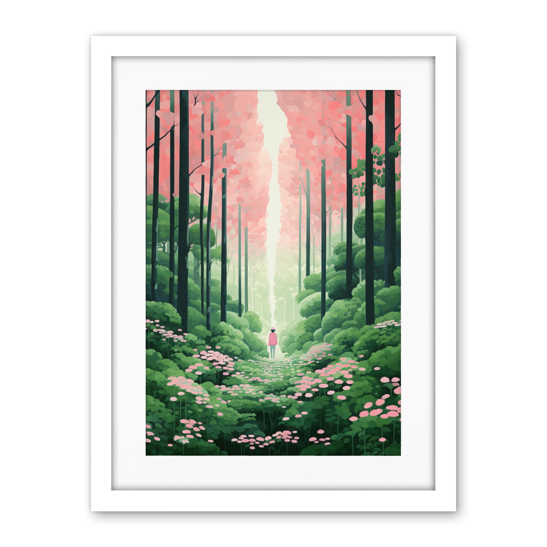 Artery8 Mount Yoshino Cherry Blossom Tree Forest Bright Artwork Baby Pink Green Walk in Nature Trail Artwork Framed Wall Art Print 18X24 Inch