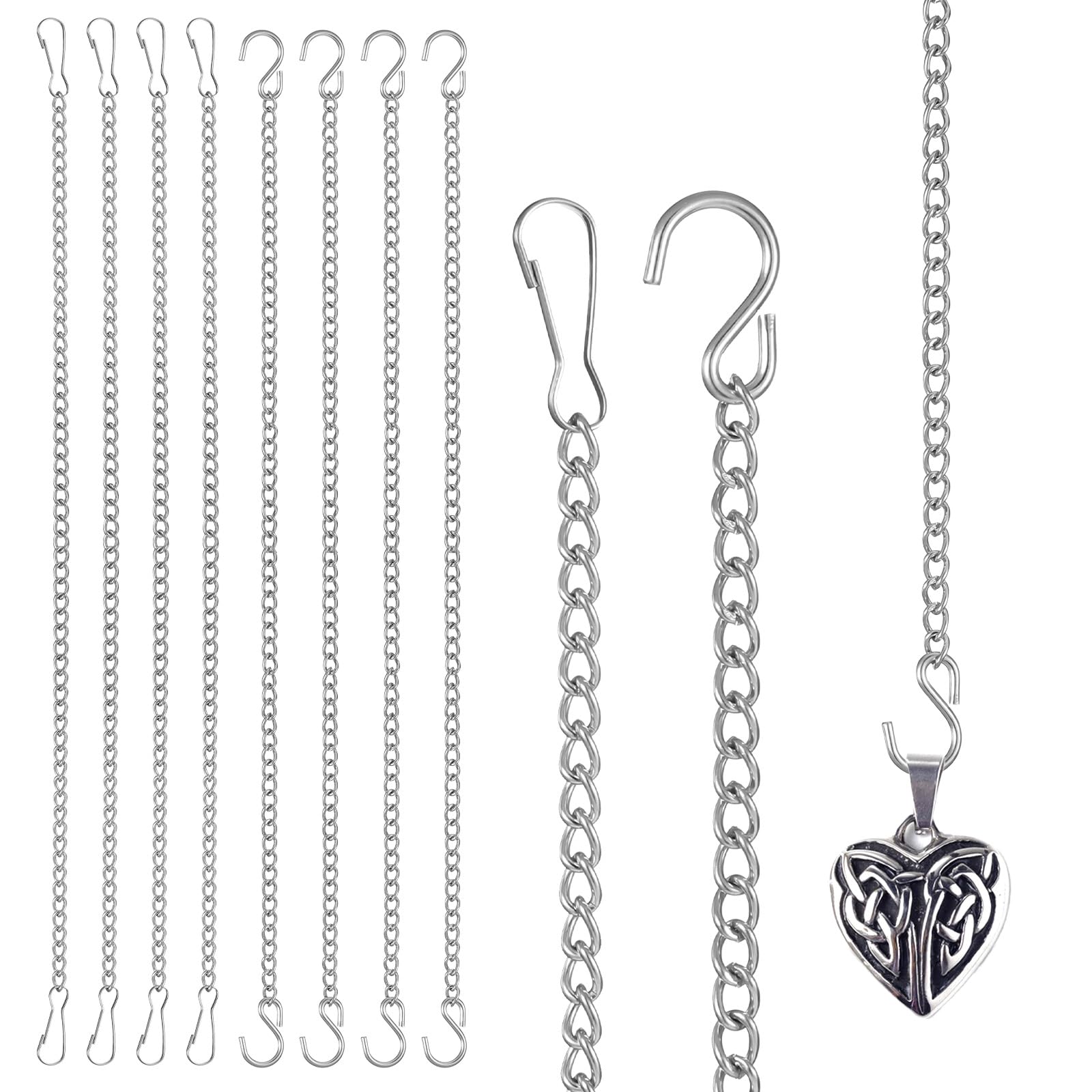 8 Pcs Stained Glass Window Hanging Chains with Safety Hooks, 20 Inch Silver Metal Picture Hanging Chain Decorative Chains for Courtyards Gardens Walls Outdoor