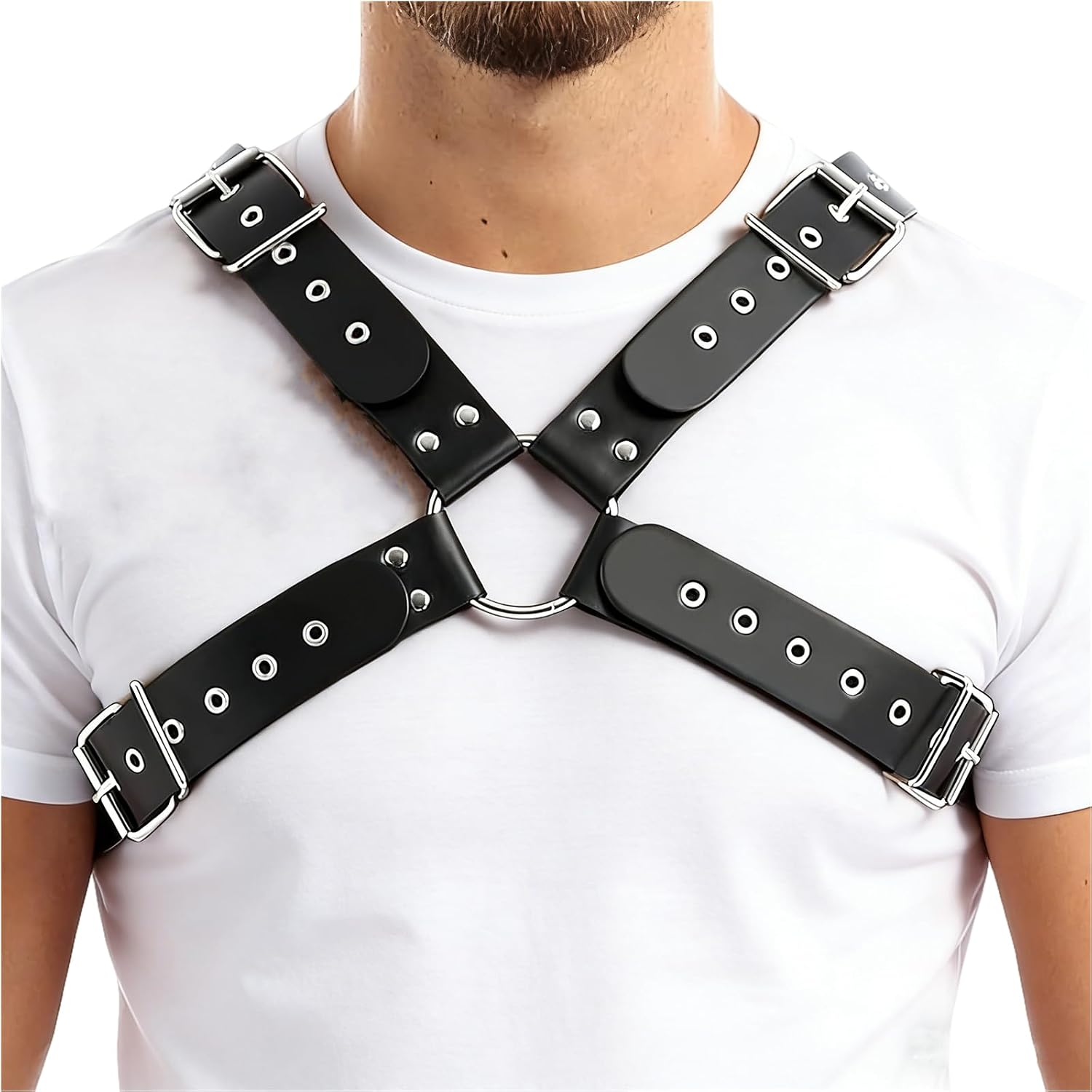 Men’s Punk Leather Chest Harness, Adjustable Body Harness X Strap O-Ring Gothic Shoulder Strap for Clubwear, Cosplay and Night Show Costume