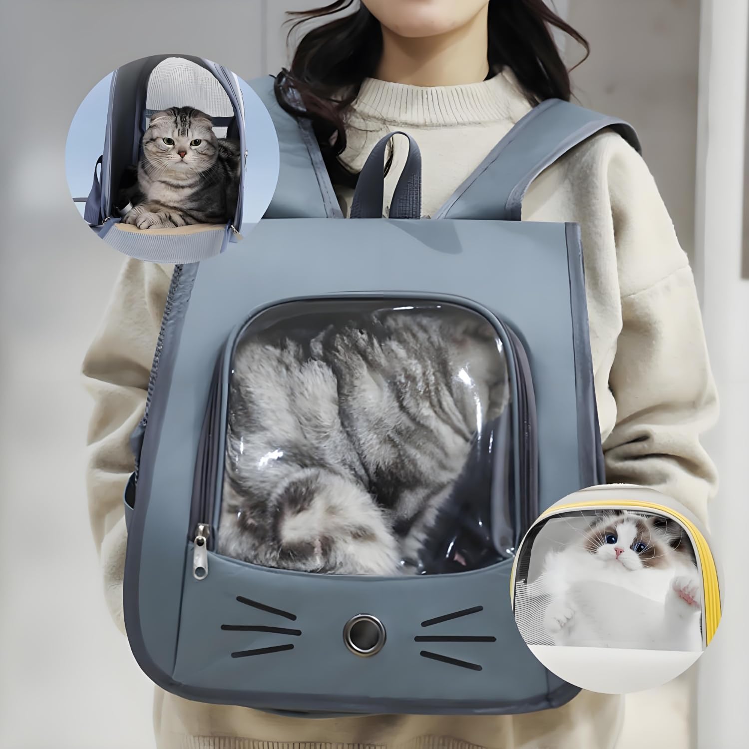 Mochila para Mascotas para Gatos, Bolsa para Mascotas Expandible, Mochila Gatos Transporte, Bolsa Transpirable para Gatos, con Ventana Transparente, para Mascotas De Menos De 6,5 Kg