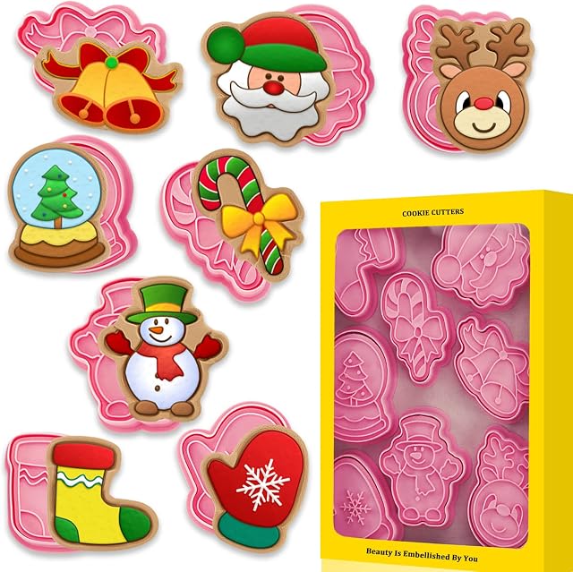 Acevegue Christmas Cookie Cutters Set, 8pack Pressable Christmas Stamps Pastry Biscuit Cutters-Santa, Bells, Christmas Socking, Gloves, Elk Shape for Baking Christmas Cake Decorations Supplies