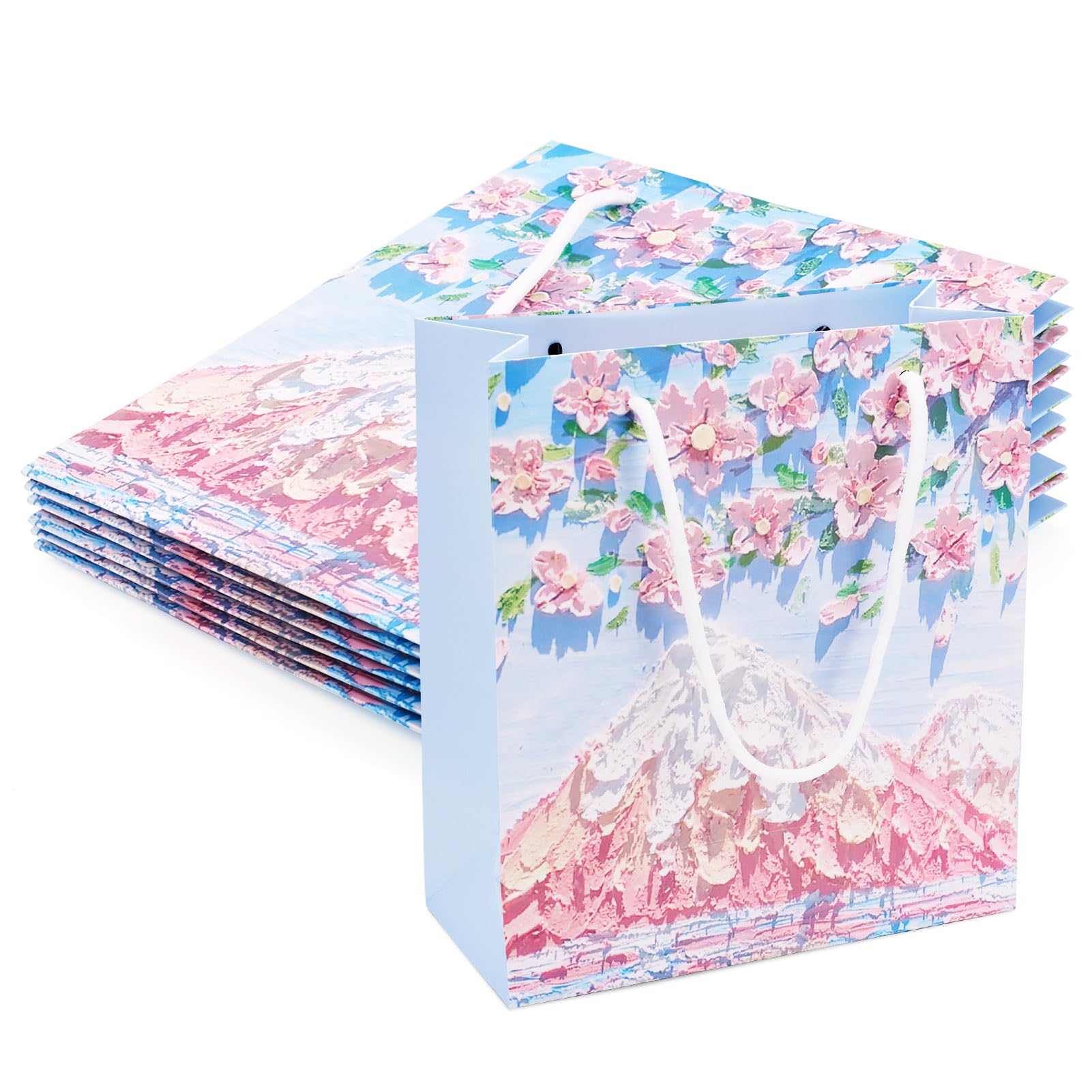 Crafans 6Pcs Flowers Handle Paper Bags Rectangle Mountain & Flower Patterns Present Bags Portable Shopping Bag 22x24.5x10 CM for for Party Favor Present Packing, Light Sky Blue