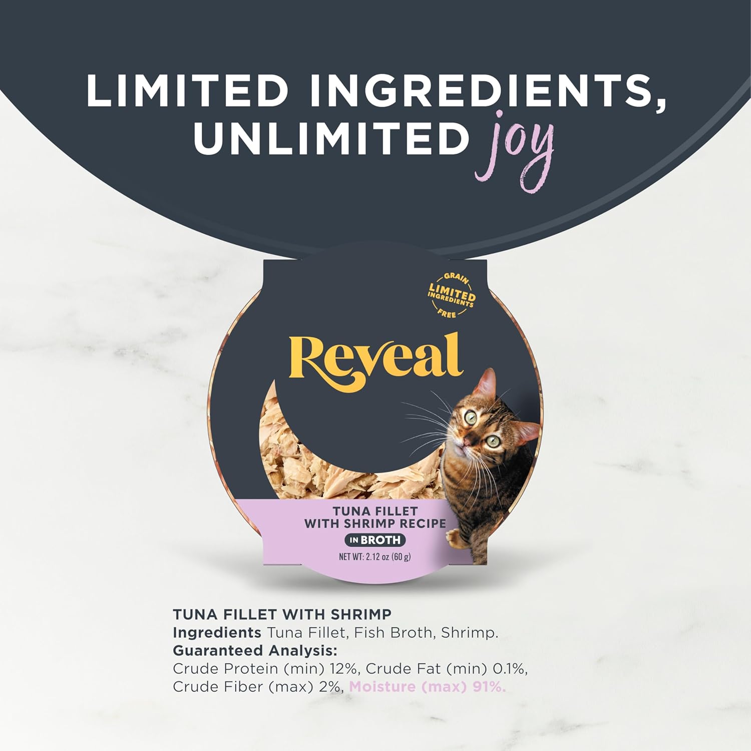 Reveal Natural Wet Cat Food, Limited and Natural Ingredients, Grain Free, High Protein with No Artificial Additives, Tuna Fillet with Shrimp in Broth (18 x 2.12 oz Easy Peel Pots)