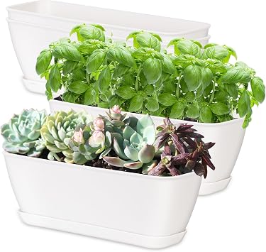Oliz 4-Piece White Rectangular Window Sill Planters with Drainage Holes and Trays 11 Inches for Basil, Orchids, and Succulents Modern Herb Garden Planters Suitable for Indoor/Outdoor Plants
