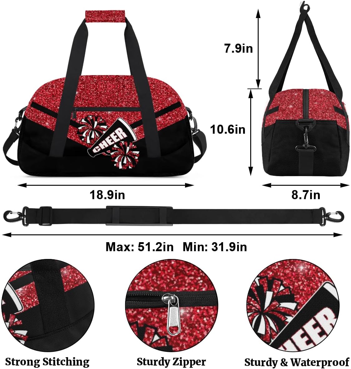 Cheerleading Kids Duffel Bags for Girls - Red Glitter Cheer Gym Bag Dance Duffel Bag for Travel Weekender Practice Gymnastics Ballet School Sport Sleepover Bag - Image 2